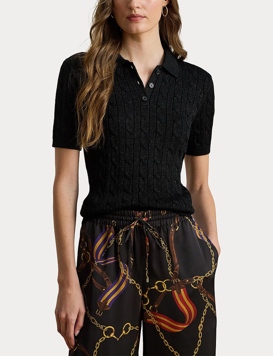 Lauren Ralph Lauren - Metallic Cable-Knit Polo Sweater - poloer - black metallic - 5