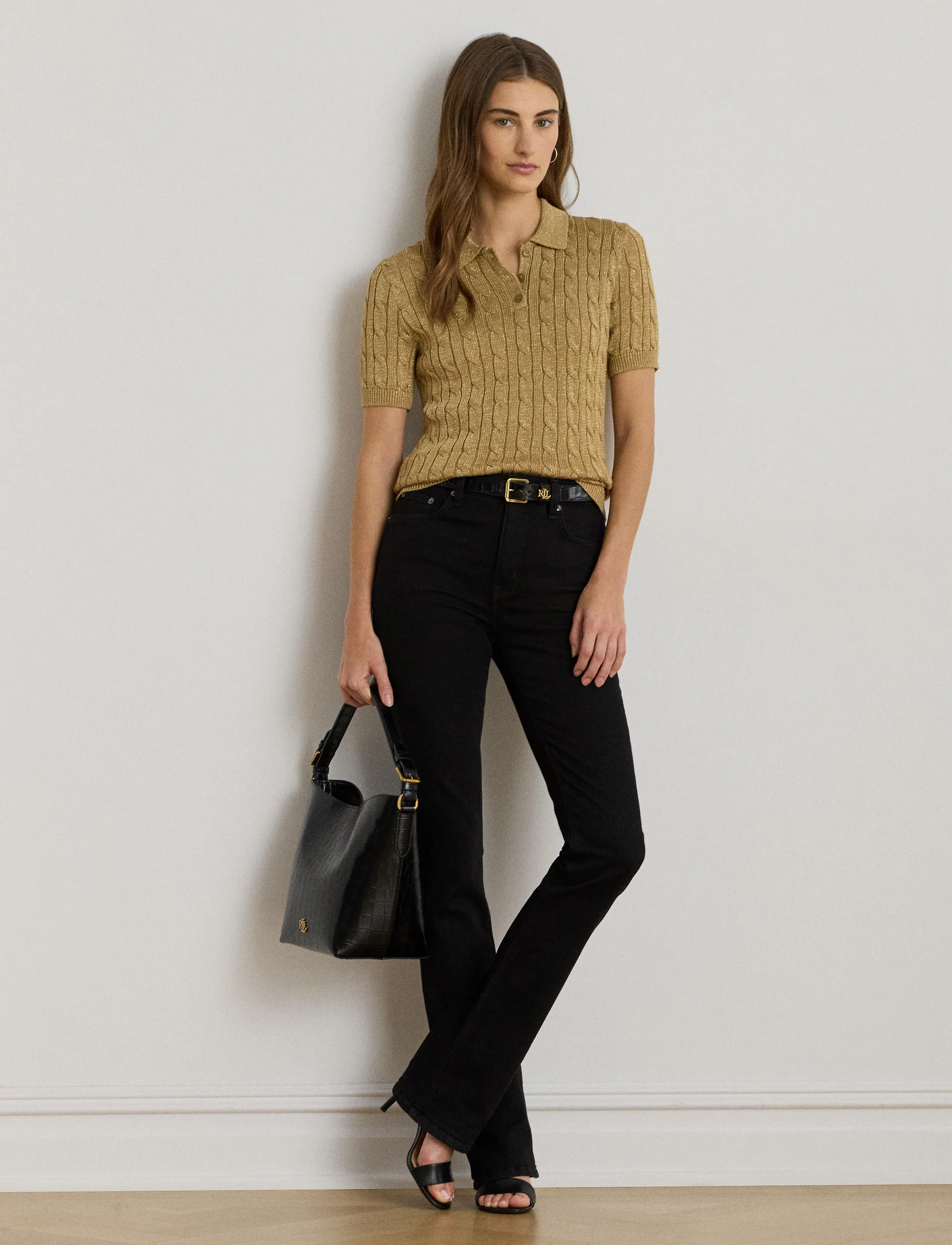Lauren Ralph Lauren - Metallic Cable-Knit Polo Sweater - relic gold metall - 0