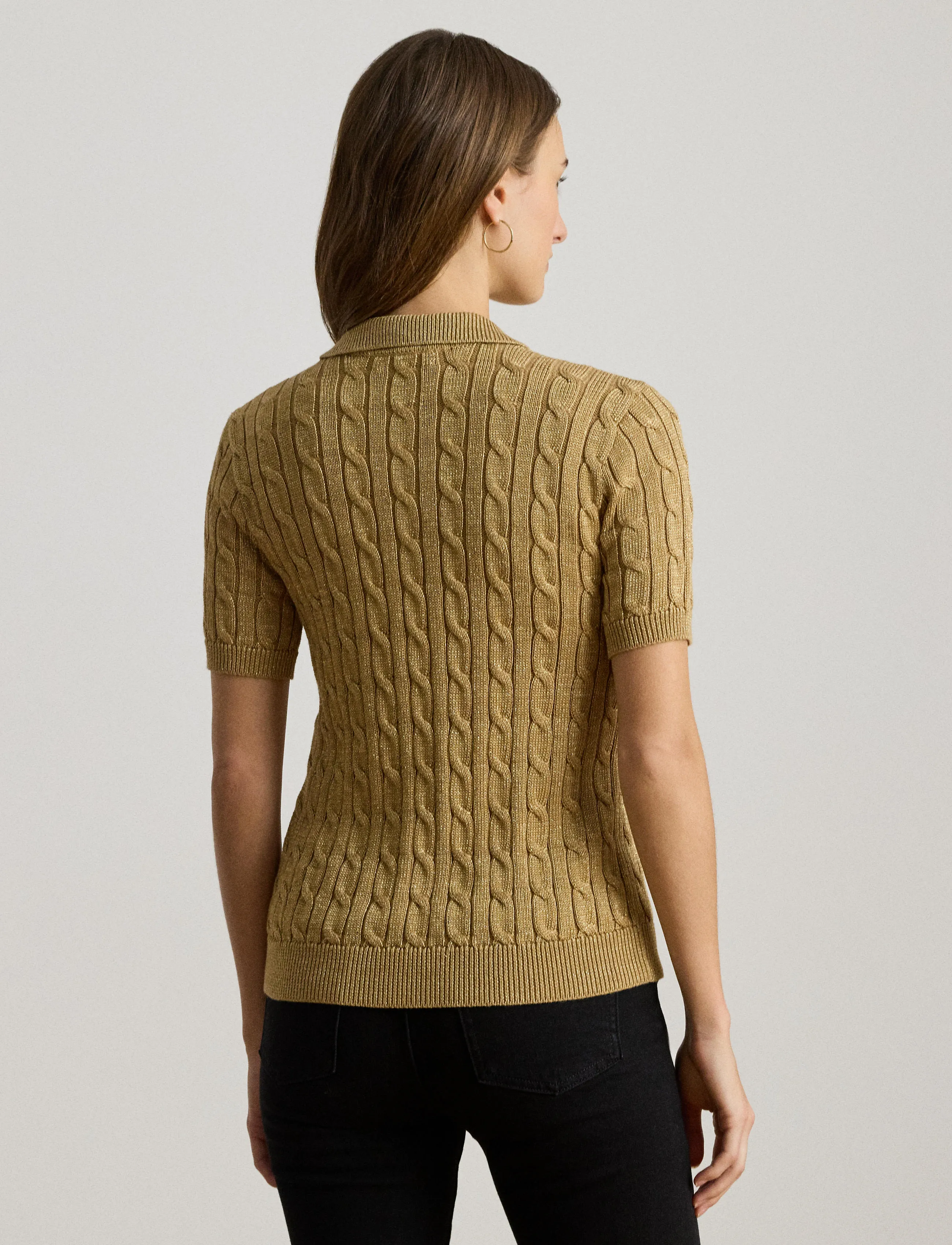Lauren Ralph Lauren - Metallic Cable-Knit Polo Sweater - relic gold metall - 2