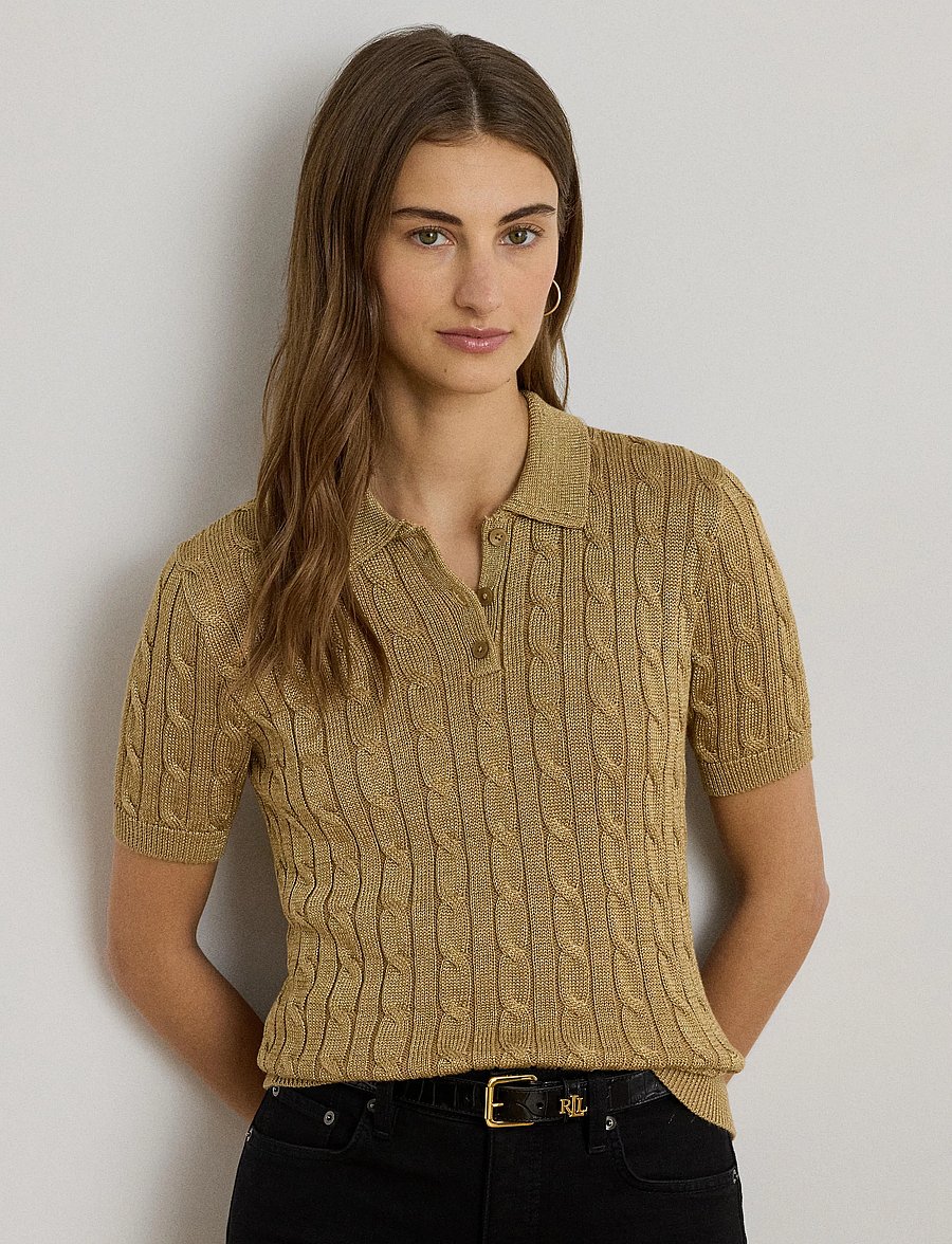Lauren Ralph Lauren - Metallic Cable-Knit Polo Sweater - relic gold metall - 3