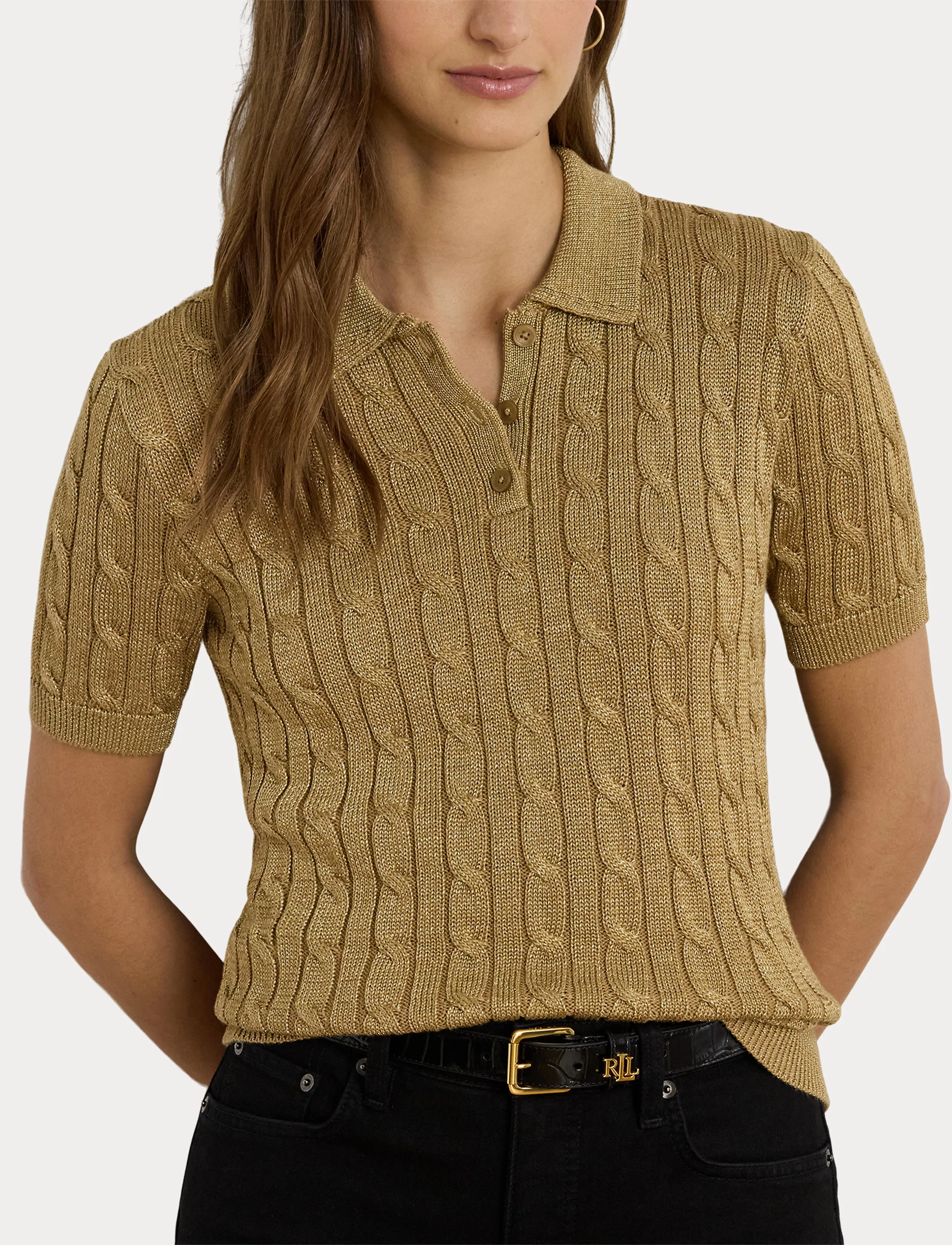 Lauren Ralph Lauren - Metallic Cable-Knit Polo Sweater - relic gold metall - 5