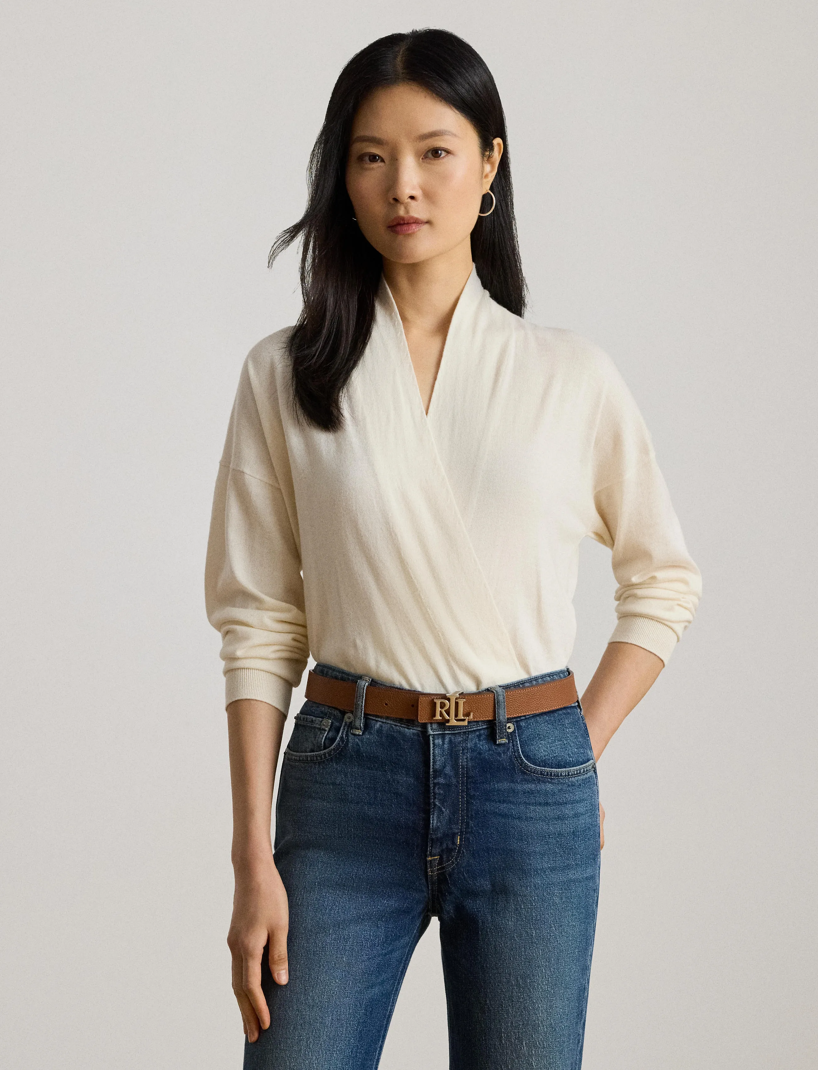 Lauren Ralph Lauren - Cotton-Modal Surplice Sweater - strikkegensere - mascarpone cream - 3