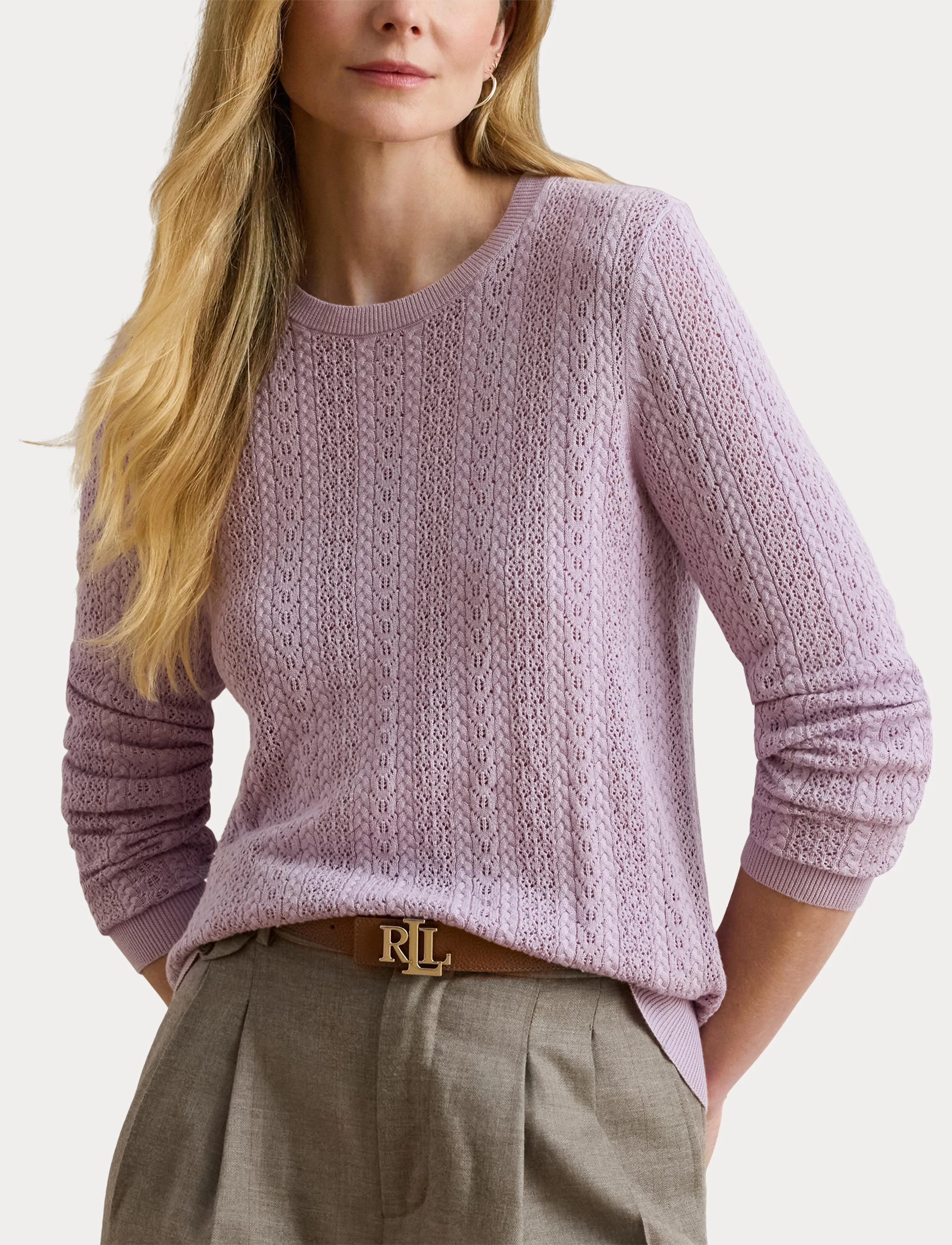 Lauren Ralph Lauren - Pointelle-Knit Cotton-Blend Sweater - pullover - lavender frost - 5