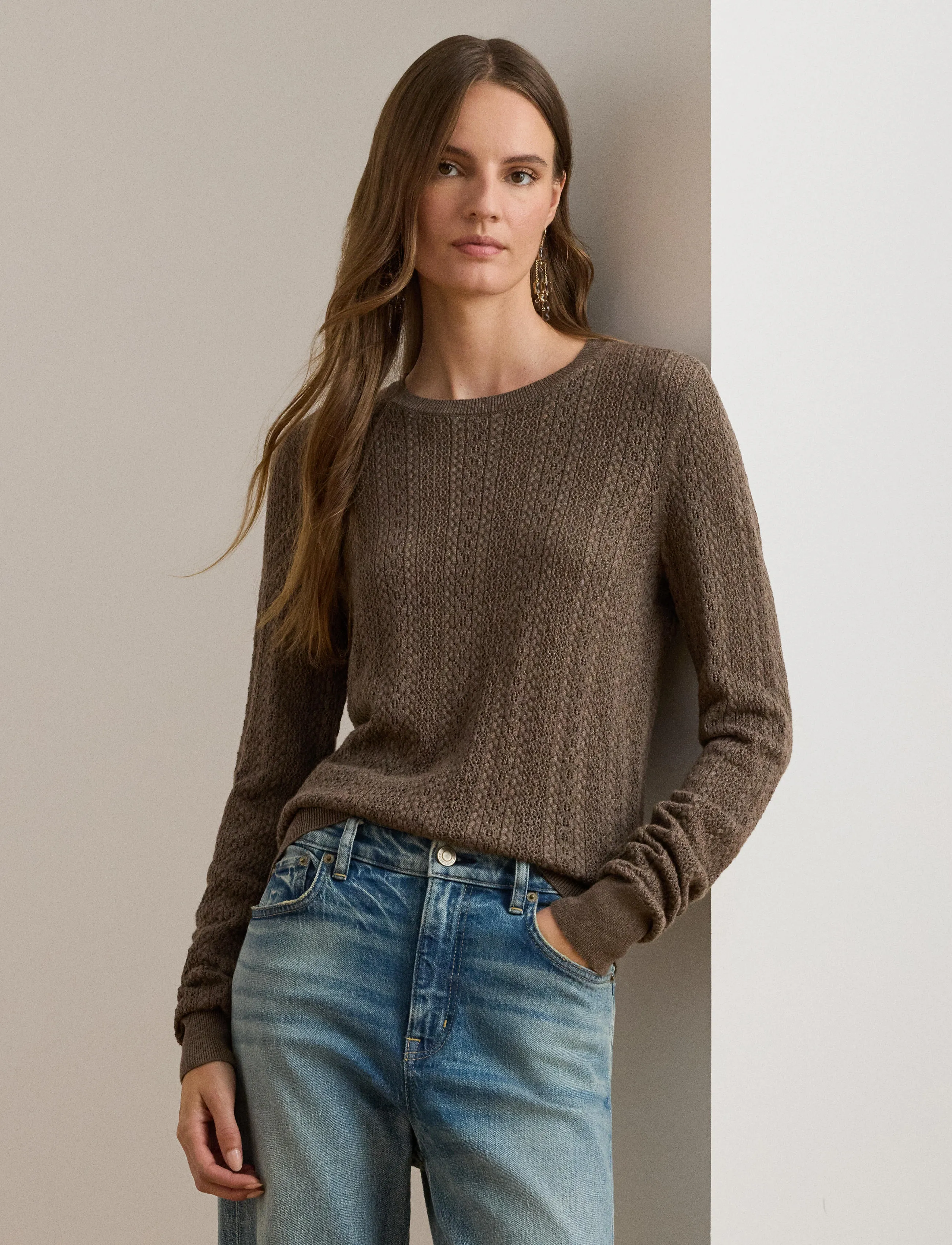 Lauren Ralph Lauren - Pointelle-Knit Cotton-Blend Sweater - pullover - taupe brown heath - 3