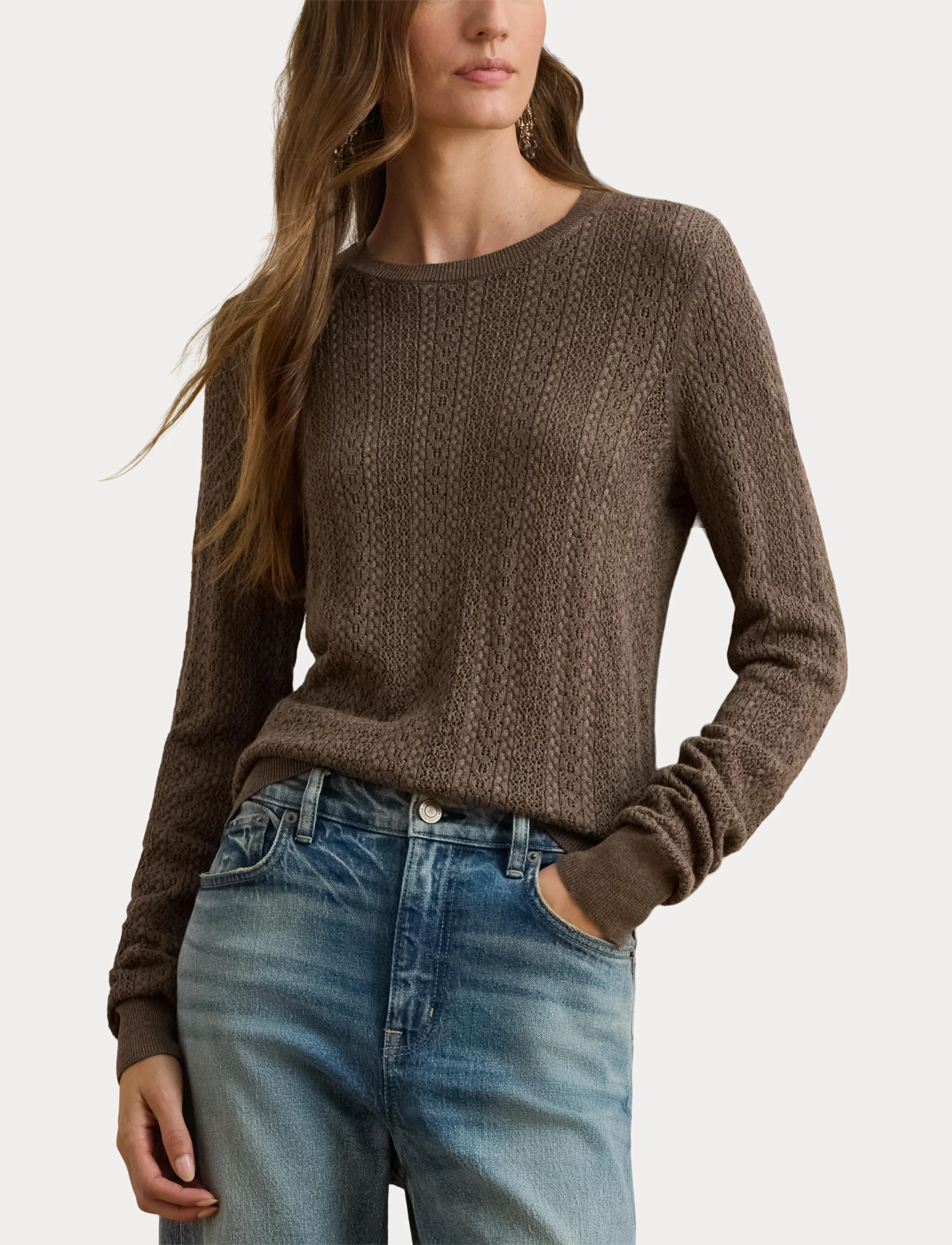 Lauren Ralph Lauren - Pointelle-Knit Cotton-Blend Sweater - pullover - taupe brown heath - 5