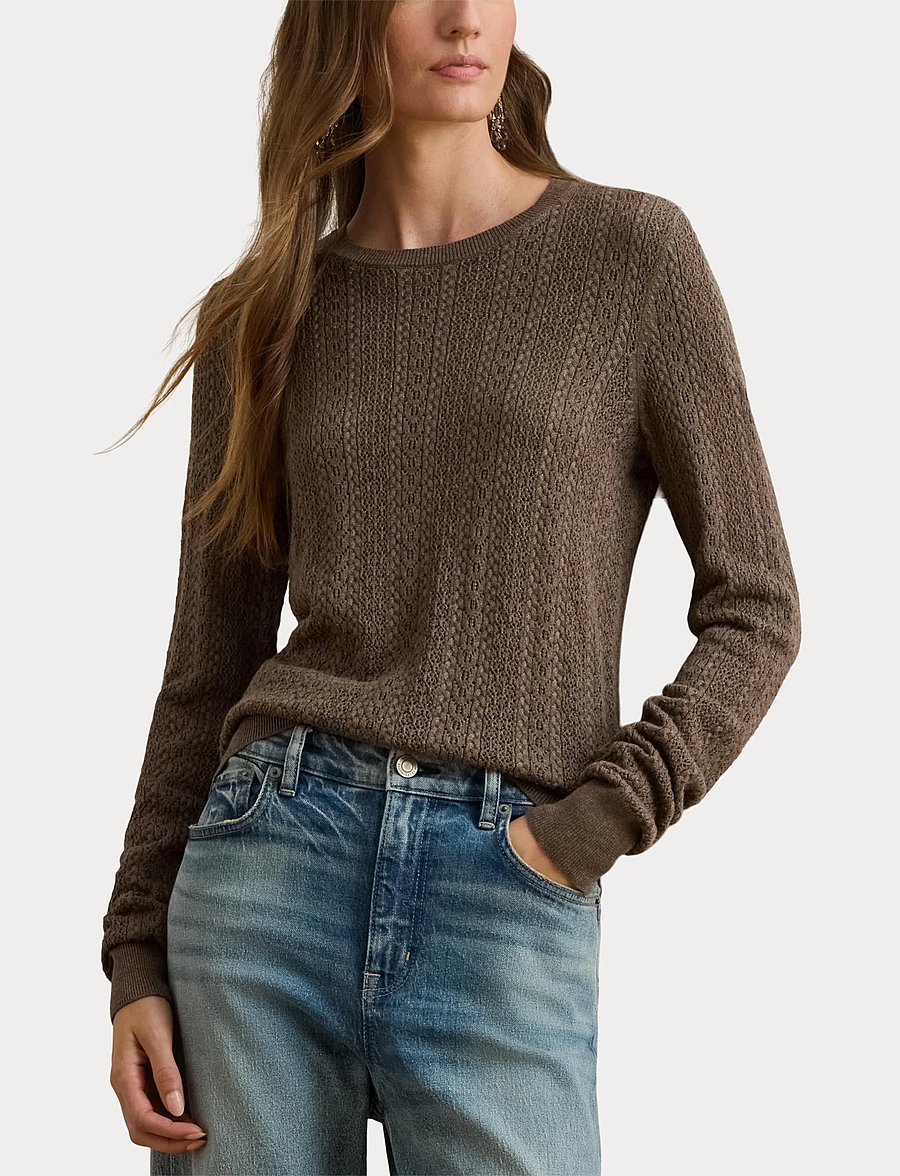 Lauren Ralph Lauren - Pointelle-Knit Cotton-Blend Sweater - pullover - taupe brown heath - 5