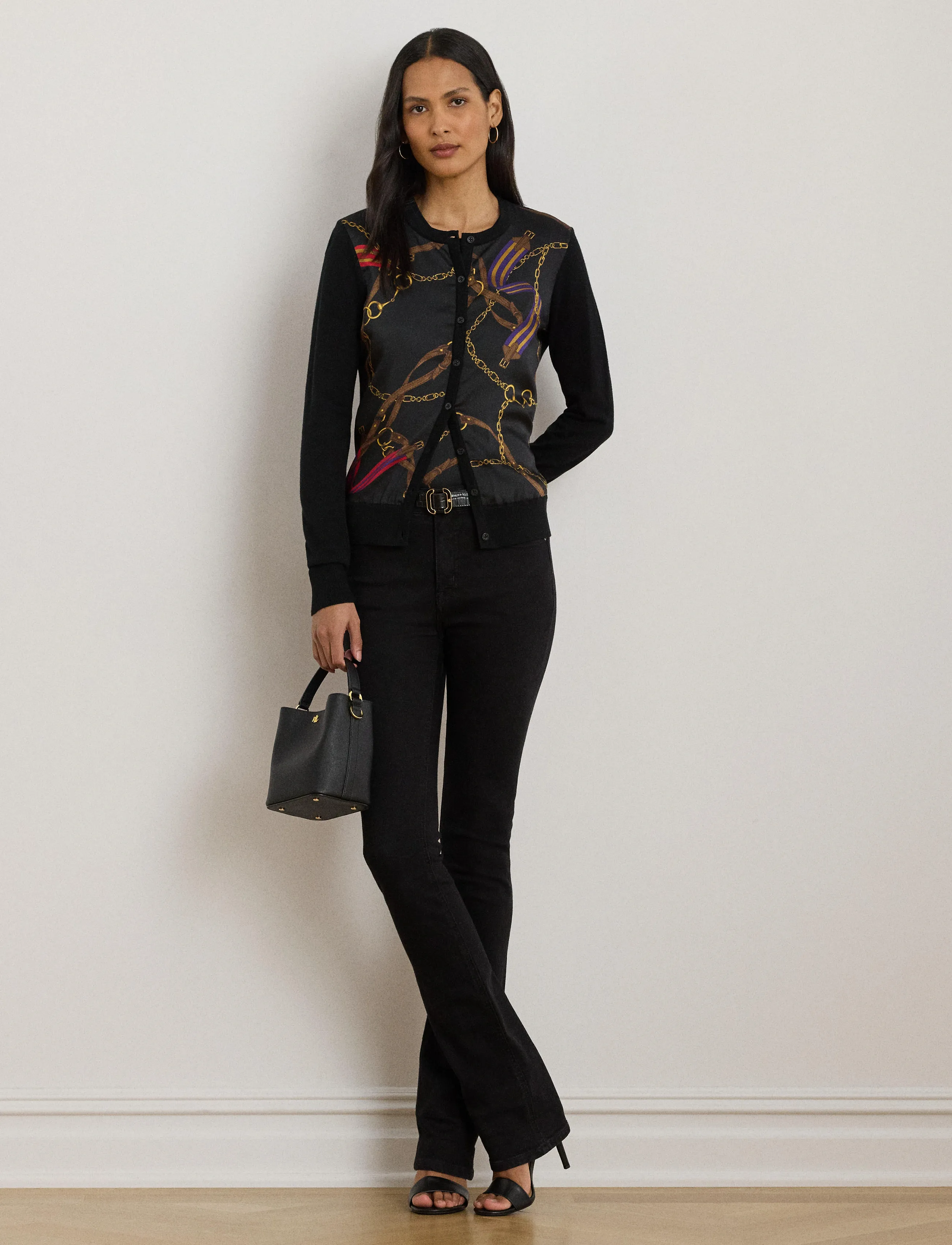 Lauren Ralph Lauren Belting-Print Cotton-Blend Cardigan - Tøj - BLACK MULTI / black
