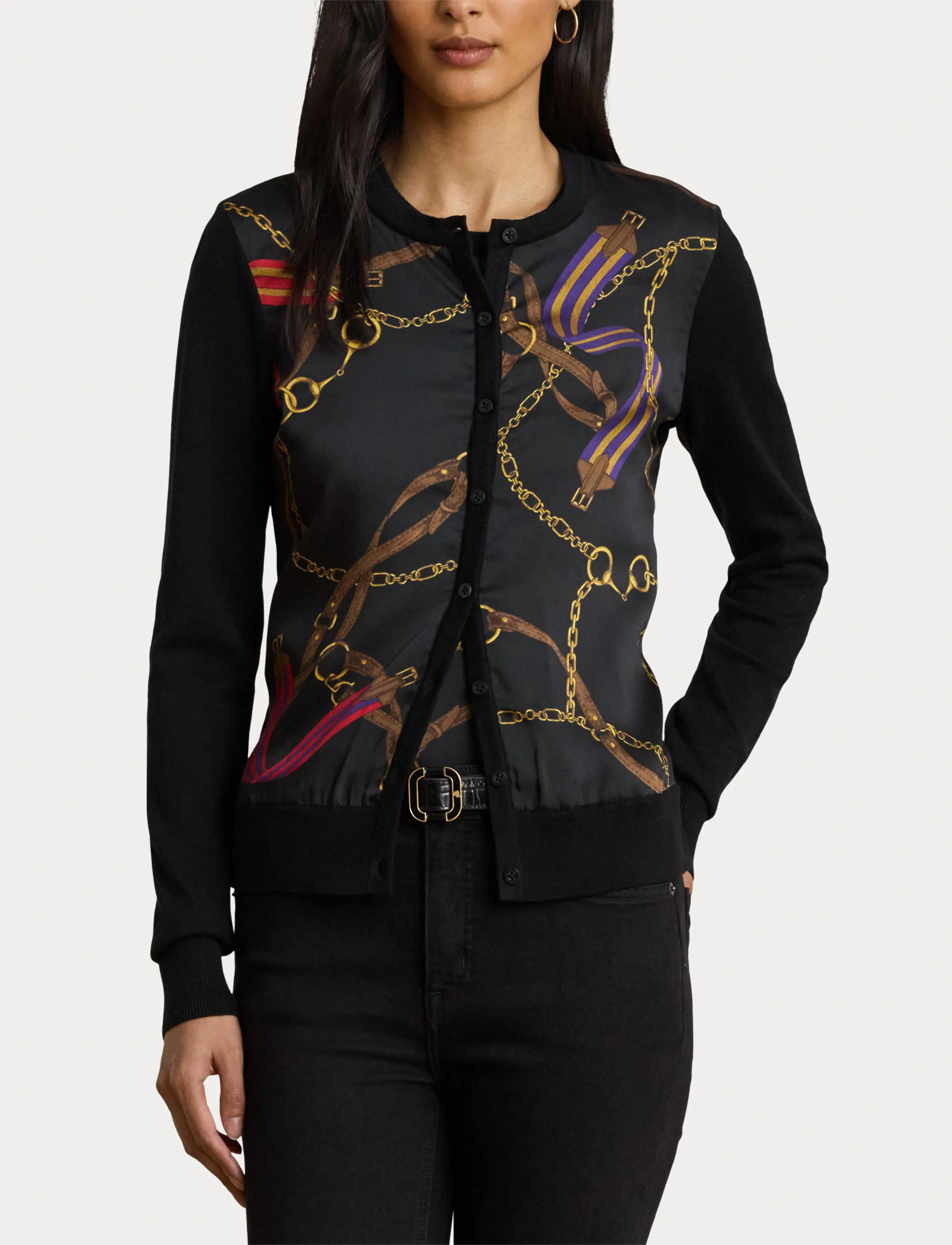 Lauren Ralph Lauren - Belting-Print Cotton-Blend Cardigan - cardigans - black multi - 5