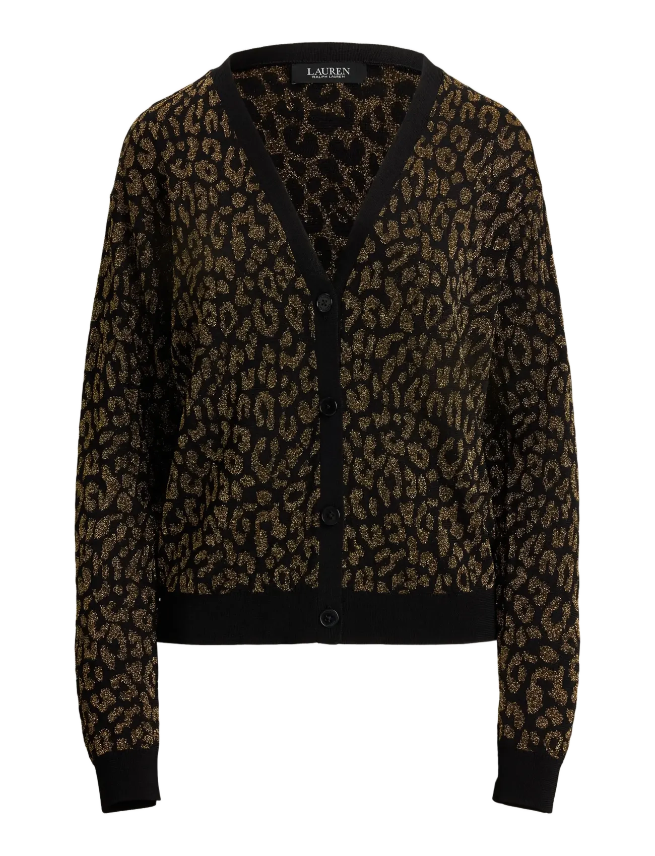 Lauren Ralph Lauren Metallic Ocelot Double-Knit Cardigan - Transitional Layering - BLACK/RELIC GOLD / black
