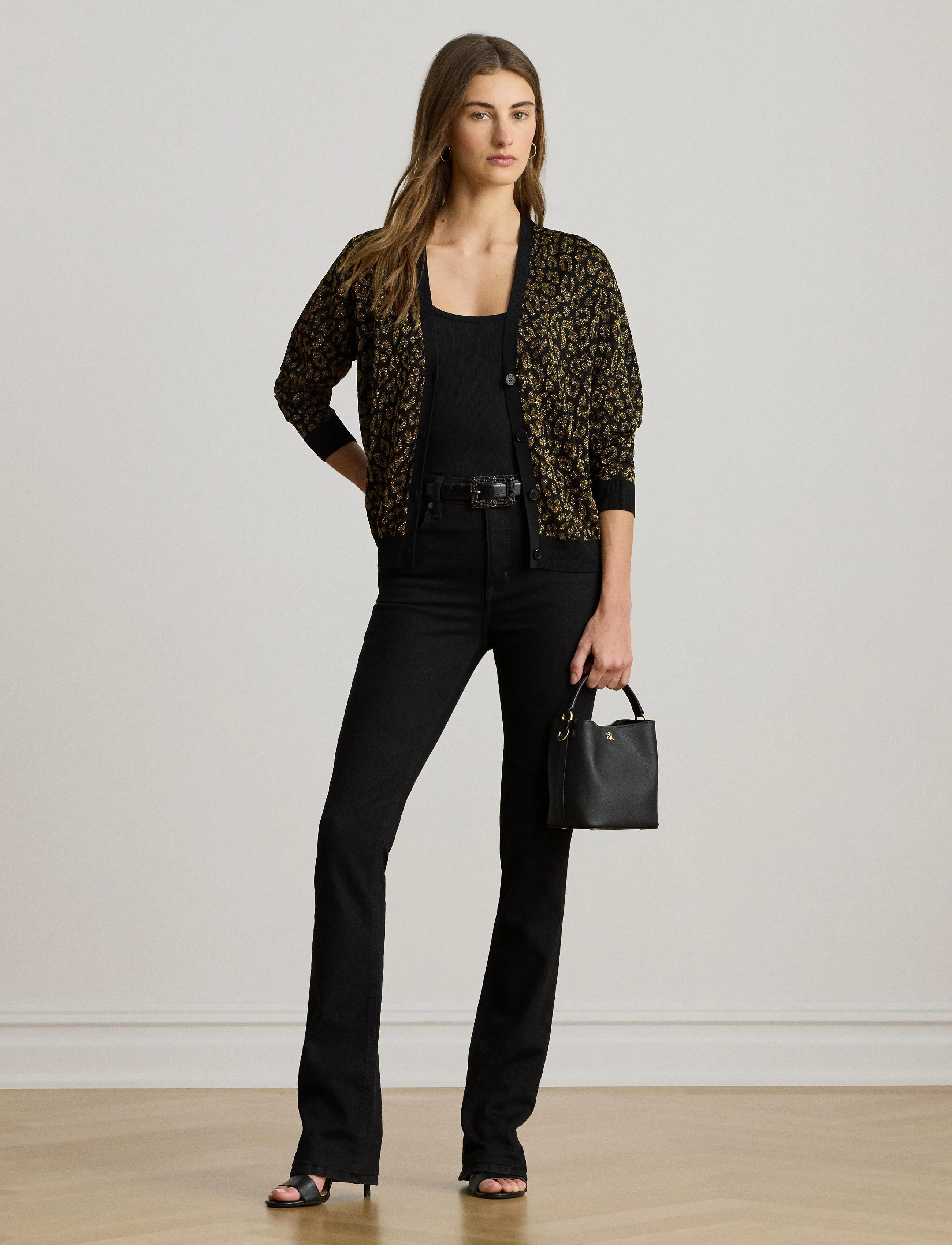Lauren Ralph Lauren Metallic Ocelot Double-Knit Cardigan - Tøj - BLACK/RELIC GOLD / black