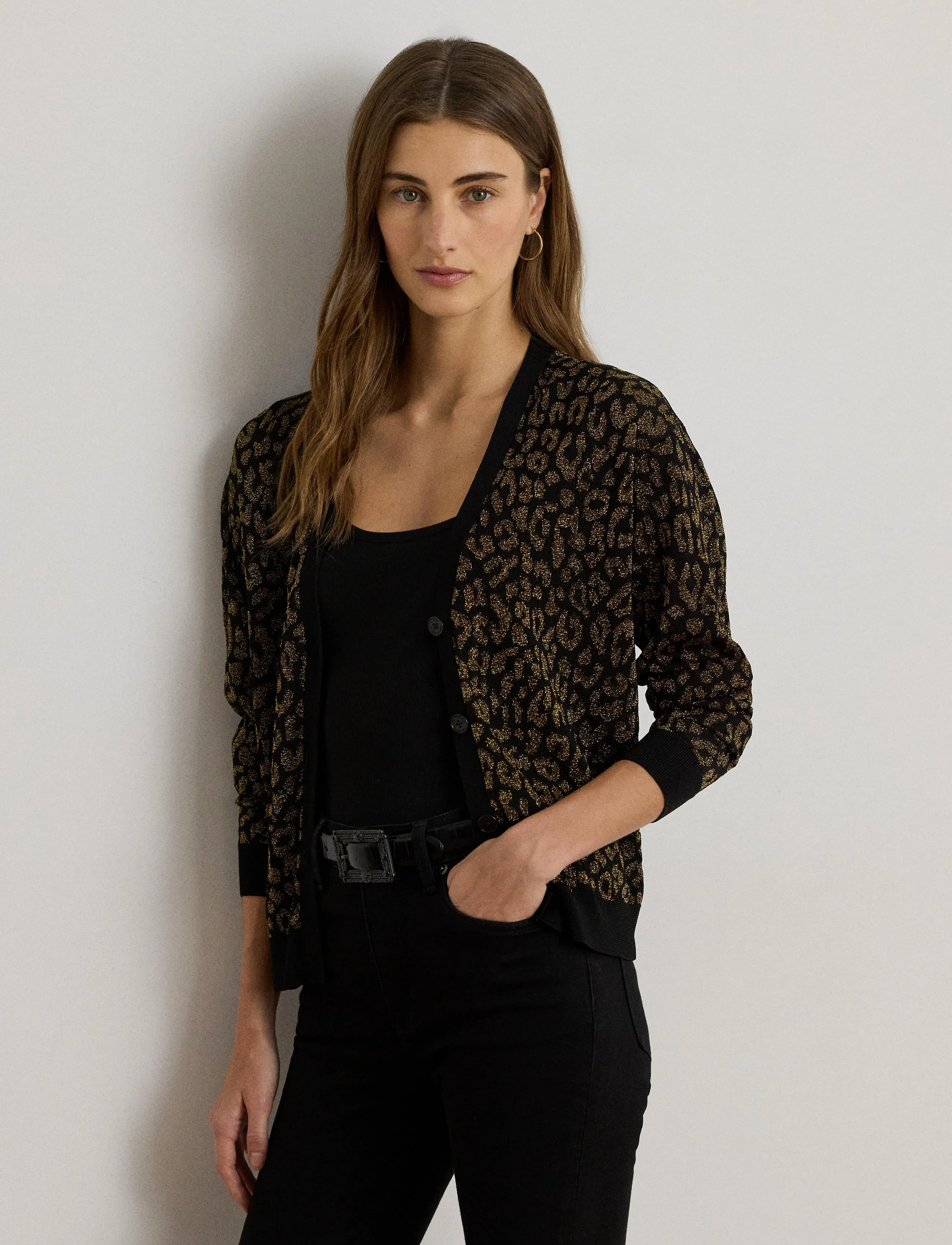 Lauren Ralph Lauren - Metallic Ocelot Double-Knit Cardigan - kardiganid - black/relic gold - 3