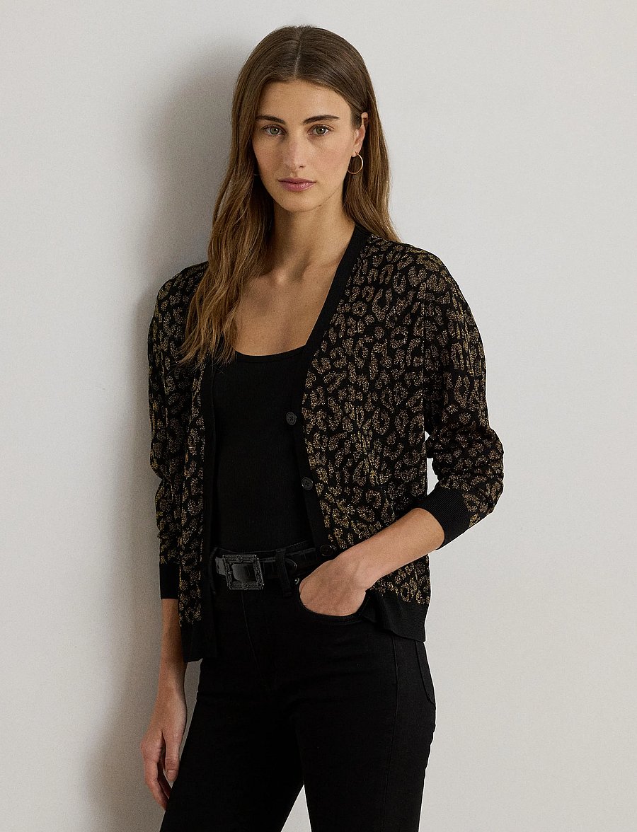 Lauren Ralph Lauren - Metallic Ocelot Double-Knit Cardigan - gilets - black/relic gold - 3