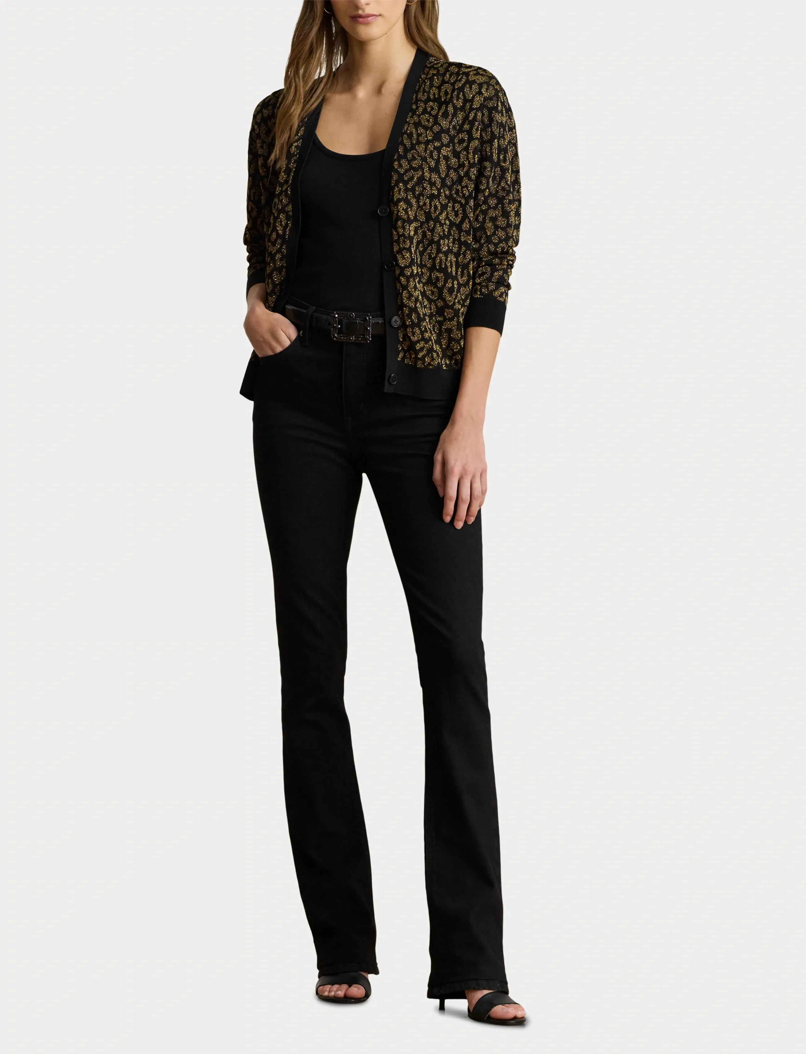 Lauren Ralph Lauren - Metallic Ocelot Double-Knit Cardigan - kardiganid - black/relic gold - 4