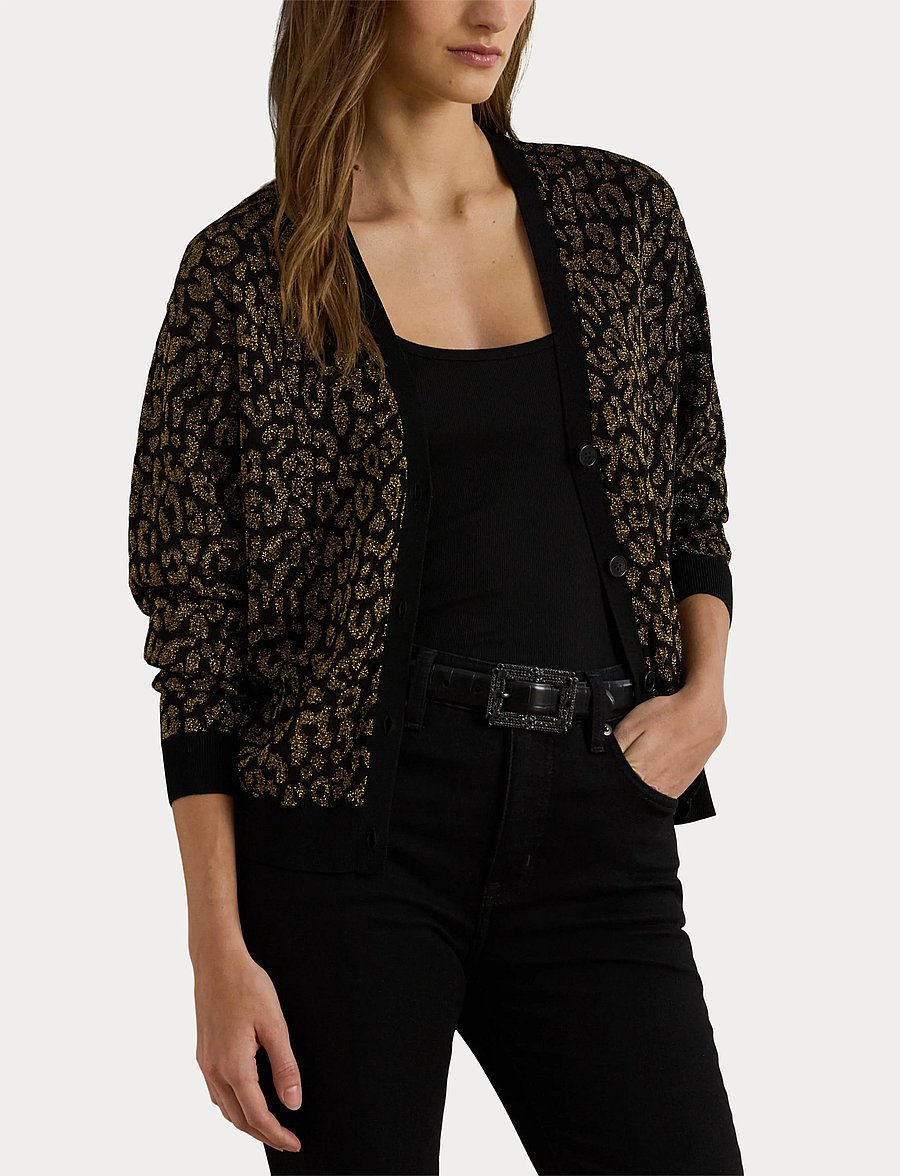 Lauren Ralph Lauren - Metallic Ocelot Double-Knit Cardigan - gilets - black/relic gold - 5