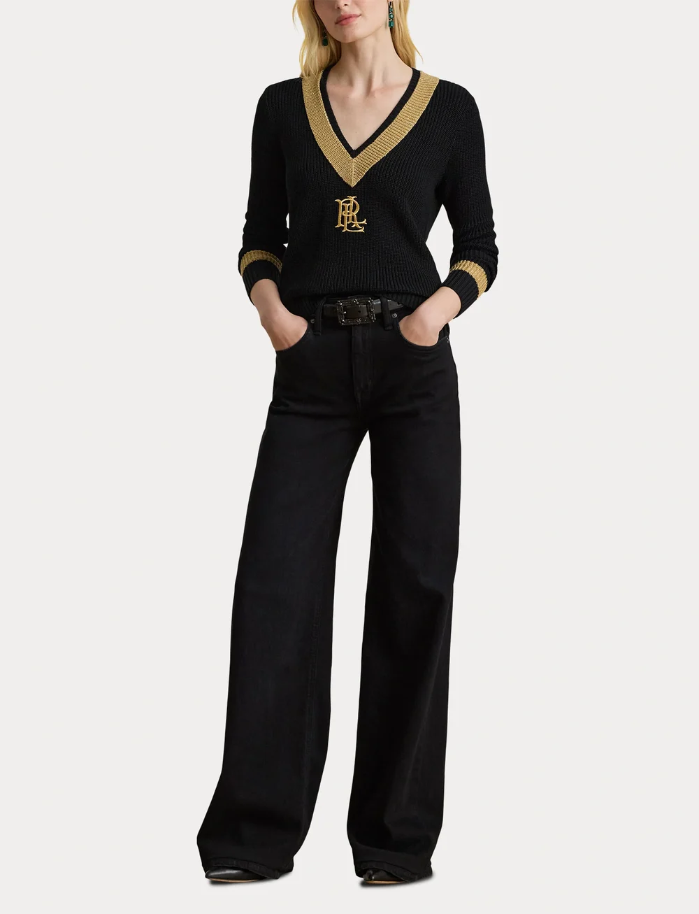 Lauren Ralph Lauren - BR RYN PL CTN/MTLC-LS SWEATER - trøjer - black/relic gold - 4