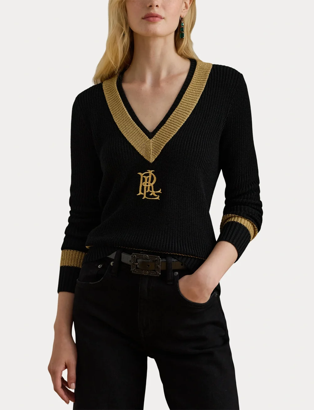 Lauren Ralph Lauren - BR RYN PL CTN/MTLC-LS SWEATER - trøjer - black/relic gold - 5