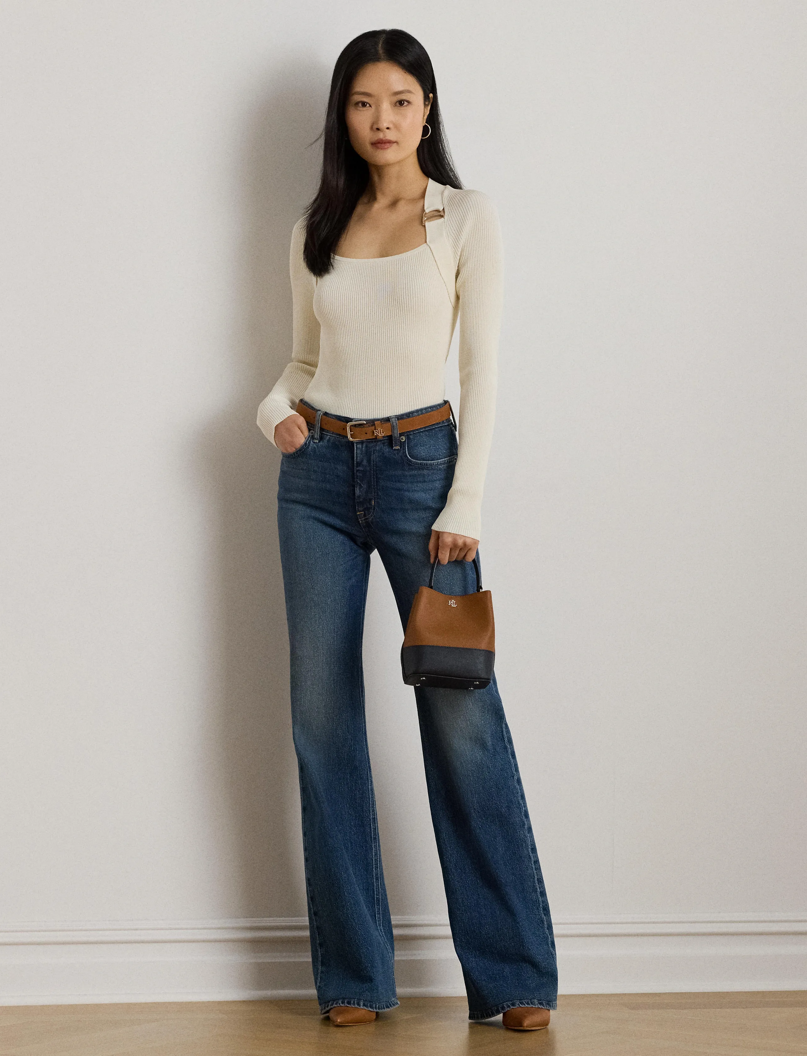 Lauren Ralph Lauren Buckle-Trim Rib-Knit Sweater, Kvinder, Spænde-Trim Ribstrikket Firkantet Hals Sweater, Cream, Str: M