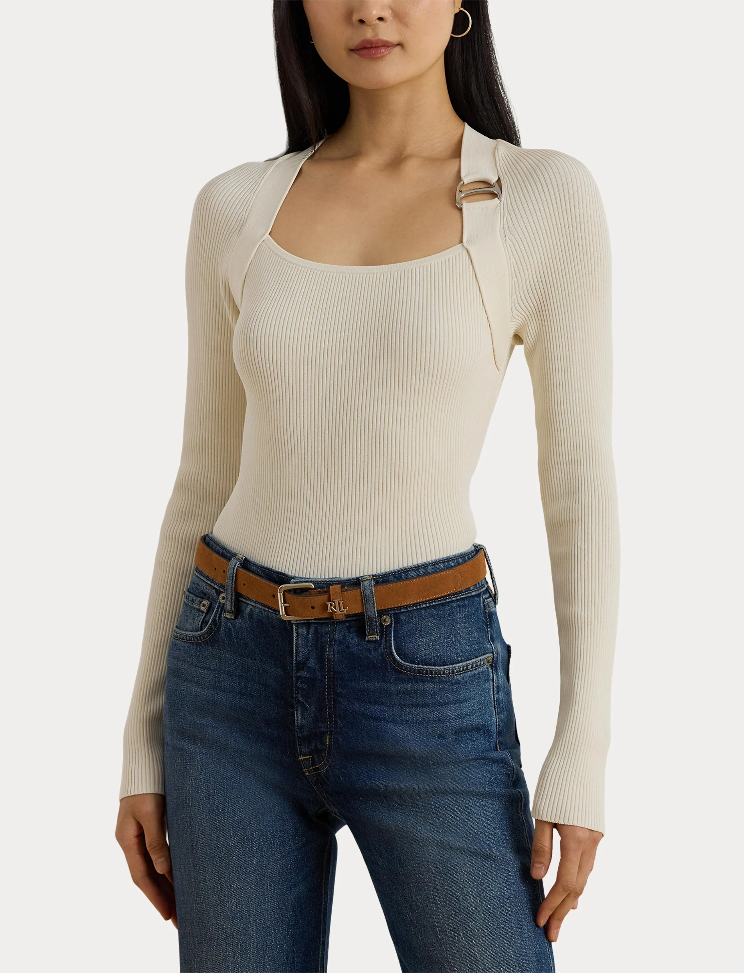 Lauren Ralph Lauren - Buckle-Trim Rib-Knit Sweater - megztiniai - mascarpone cream - 5