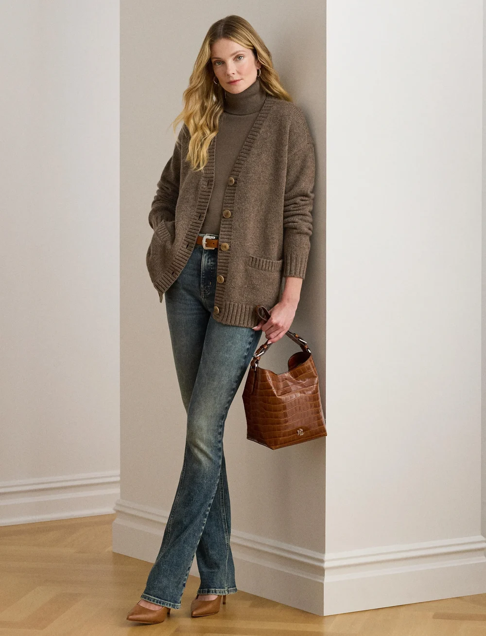 Lauren Ralph Lauren - Wool-Blend V-Neck Cardigan - cardigans - taupe brown heath - 0