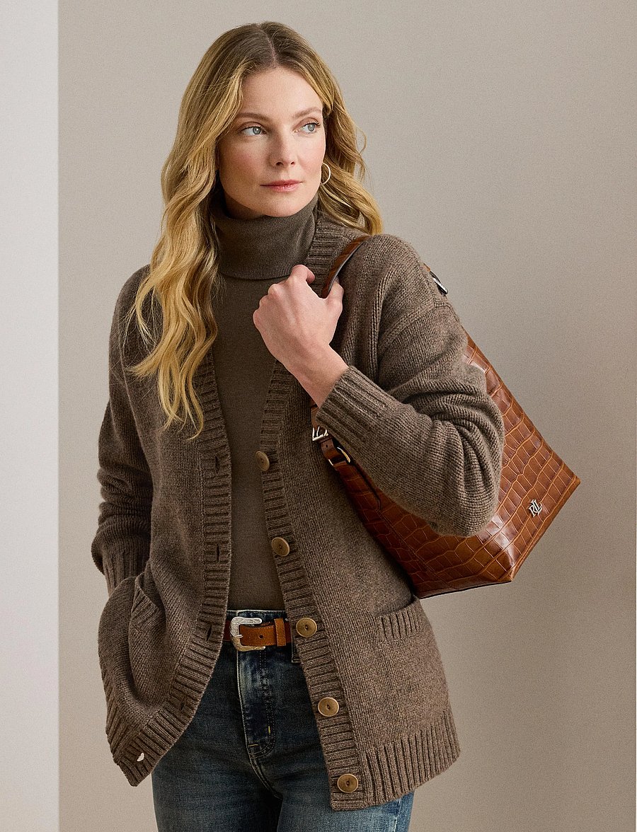 Lauren Ralph Lauren - Wool-Blend V-Neck Cardigan - taupe brown heath - 3