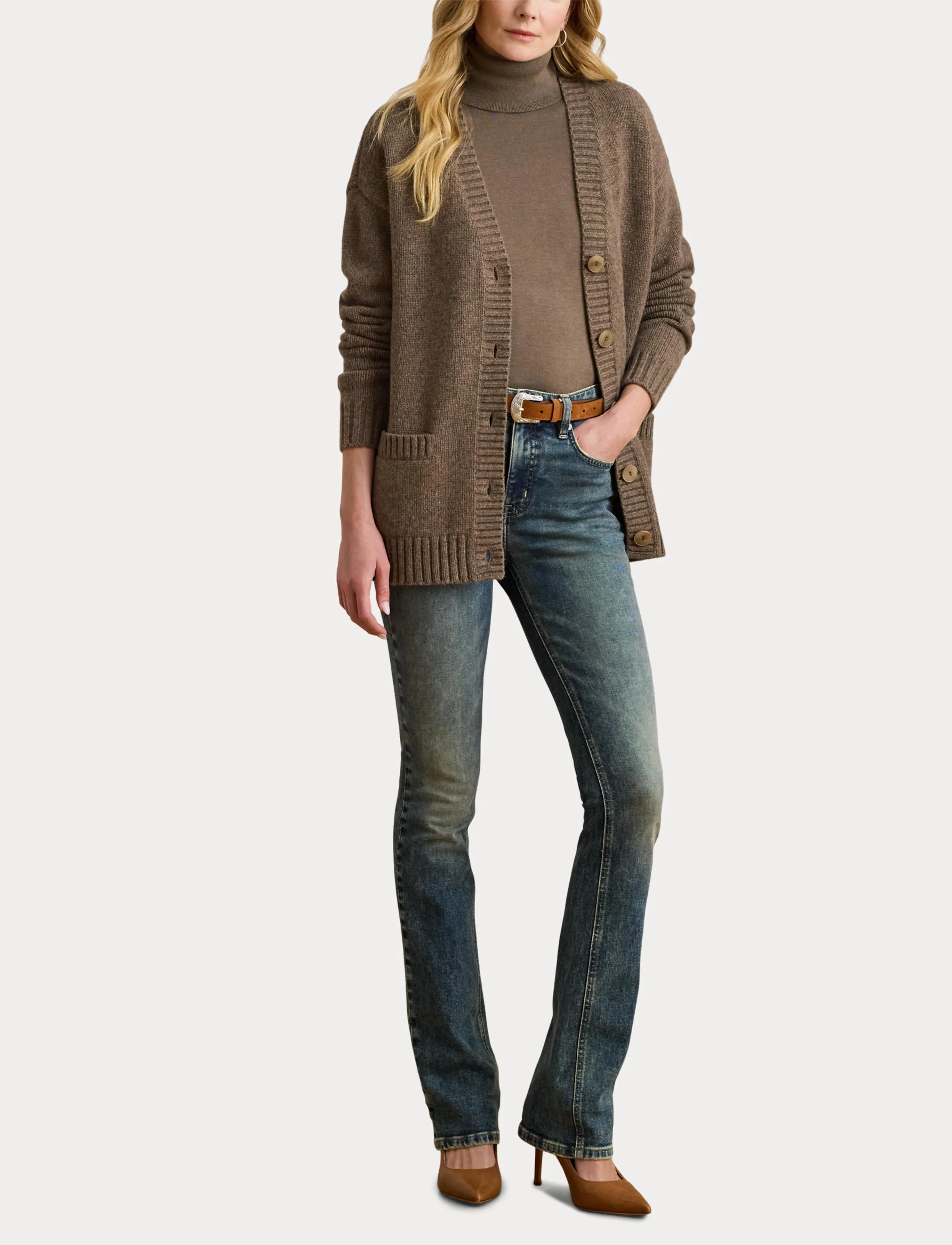Lauren Ralph Lauren - Wool-Blend V-Neck Cardigan - taupe brown heath - 4