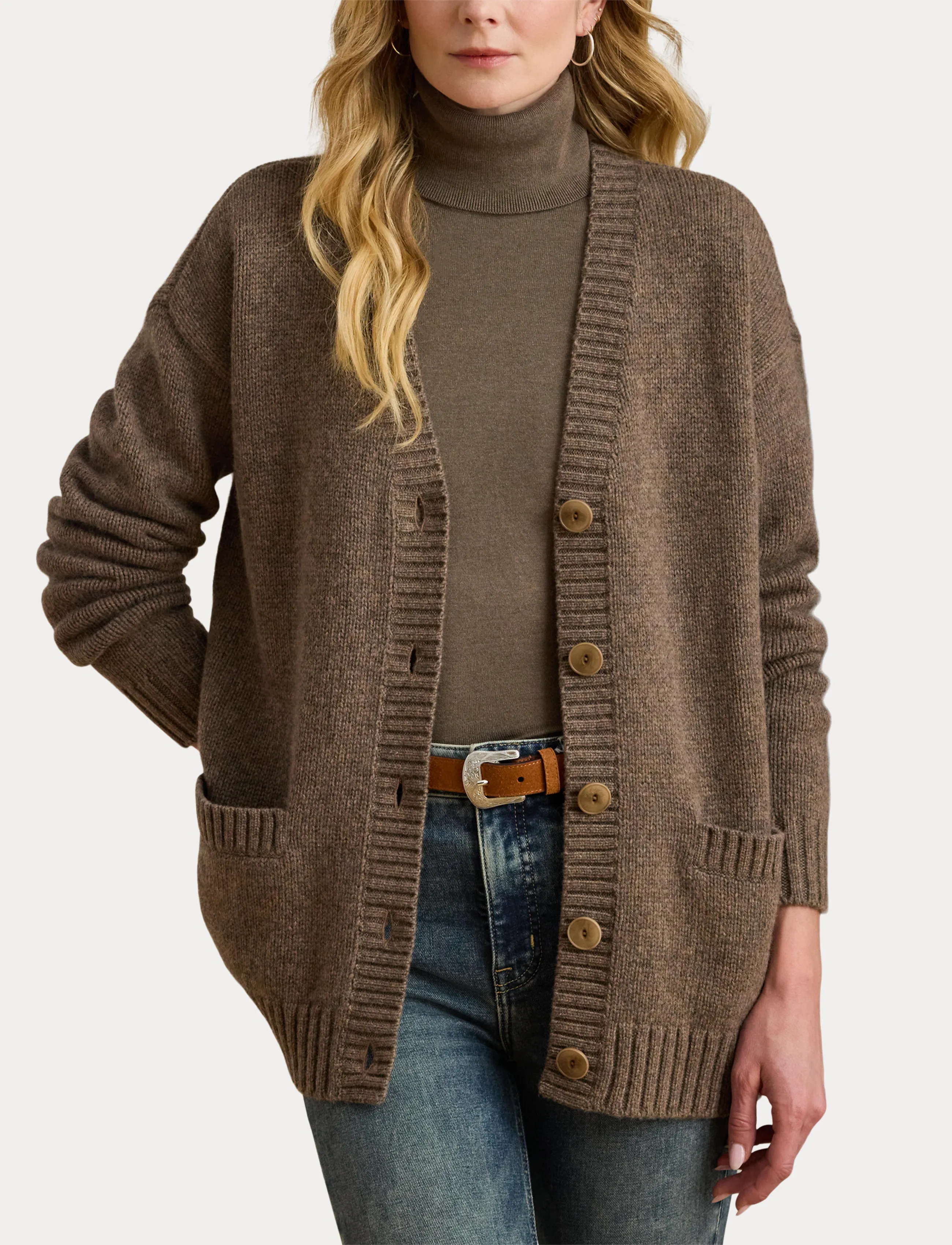 Lauren Ralph Lauren - Wool-Blend V-Neck Cardigan - taupe brown heath - 5