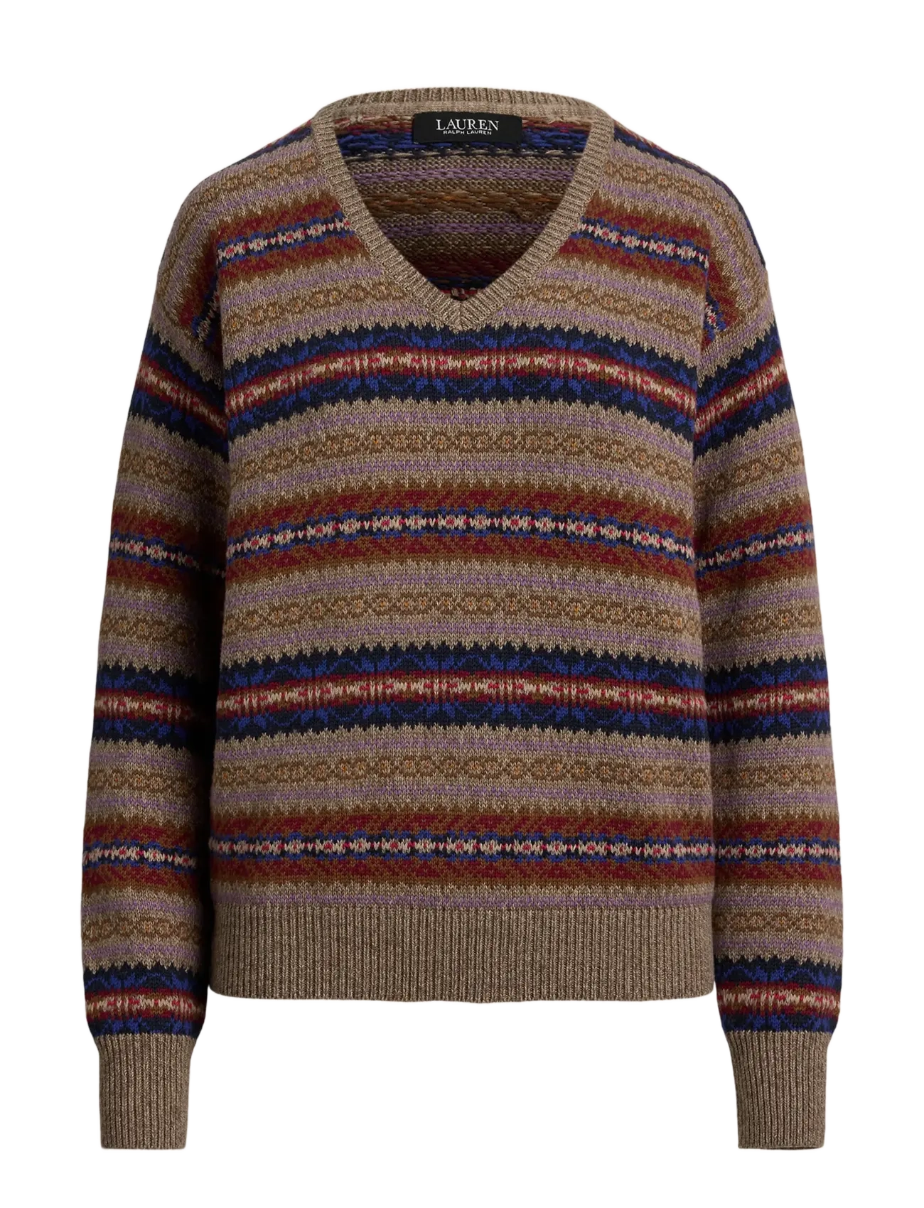 Fair Isle Cotton-Linen V-Neck Sweater - TAUPE HEATHER MUL