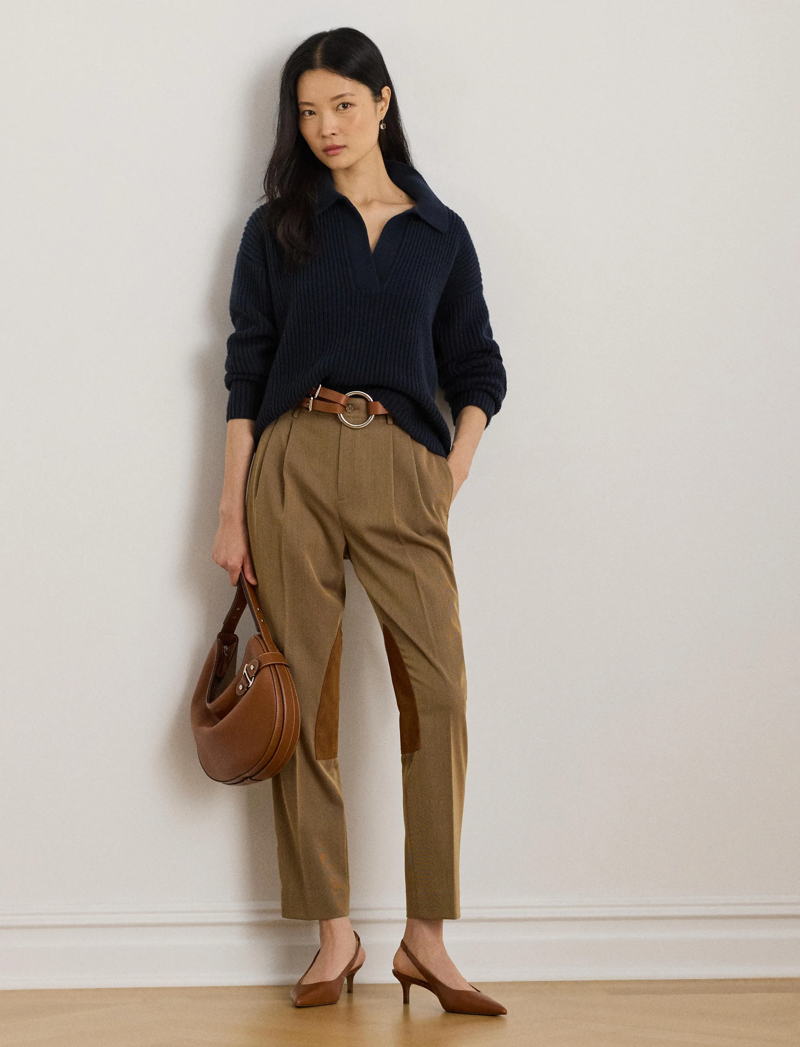 Lauren Ralph Lauren Wool-Blend Polo Sweater, Kvinder, Ribstrikket Polo Sweater, Navy, Str: XS