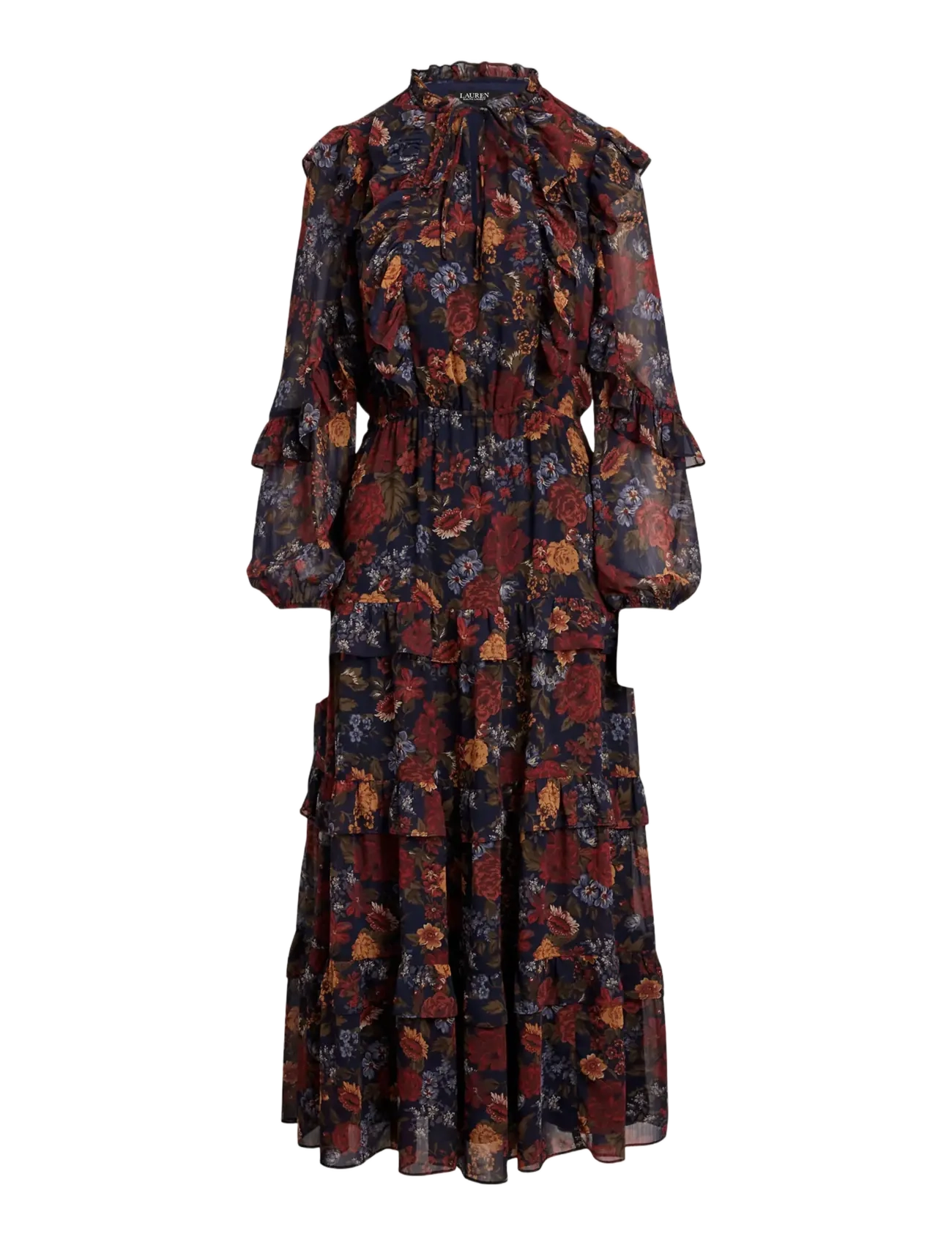 Floral Crinkle Georgette Tiered Dress - NAVY MULTI