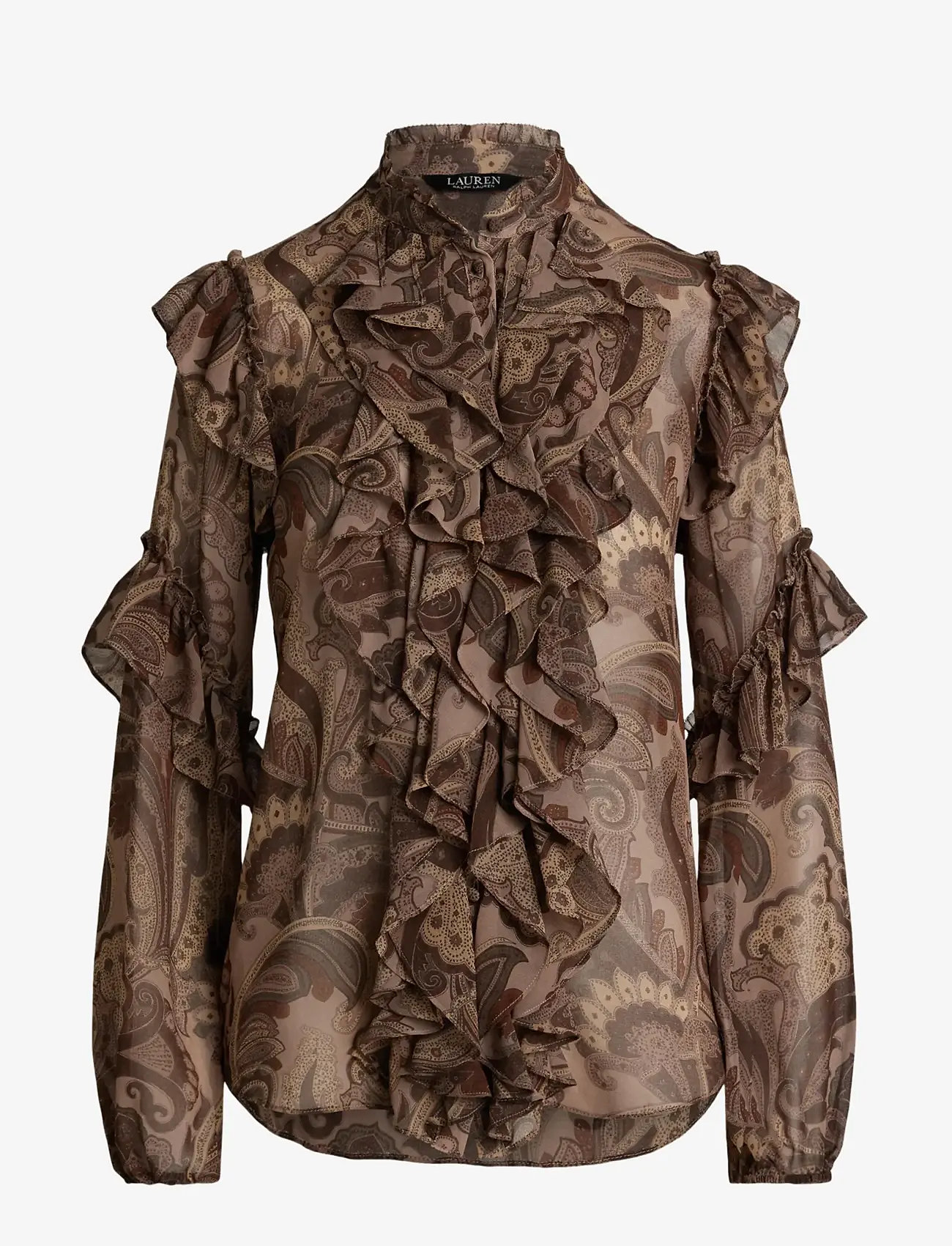 Lauren Ralph Lauren - Paisley Ruffle-Trim Chiffon Blouse - långärmade blusar - taupe multi - 1