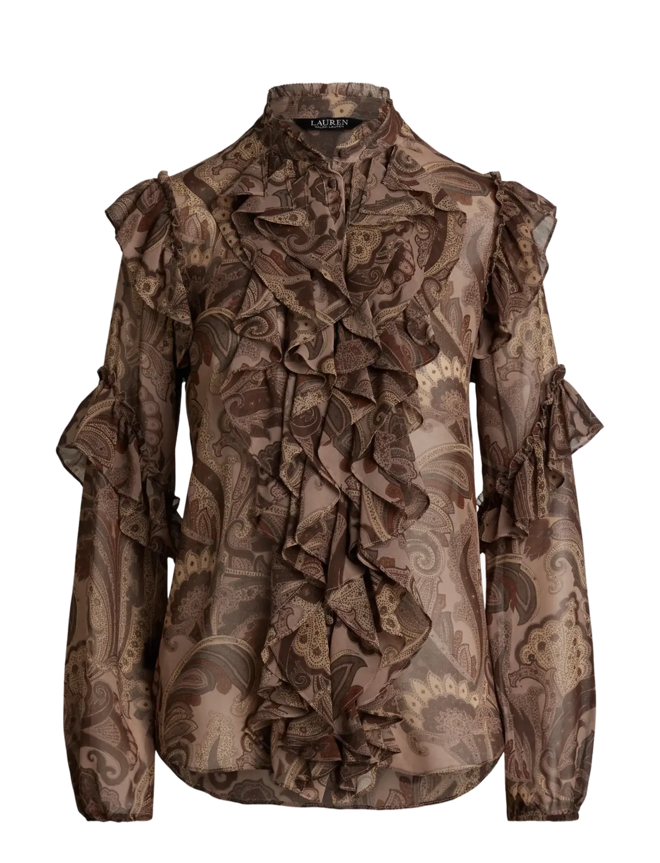 Lauren Ralph Lauren Paisley Ruffle-Trim Chiffon Blouse - Clothing - TAUPE MULTI / brown