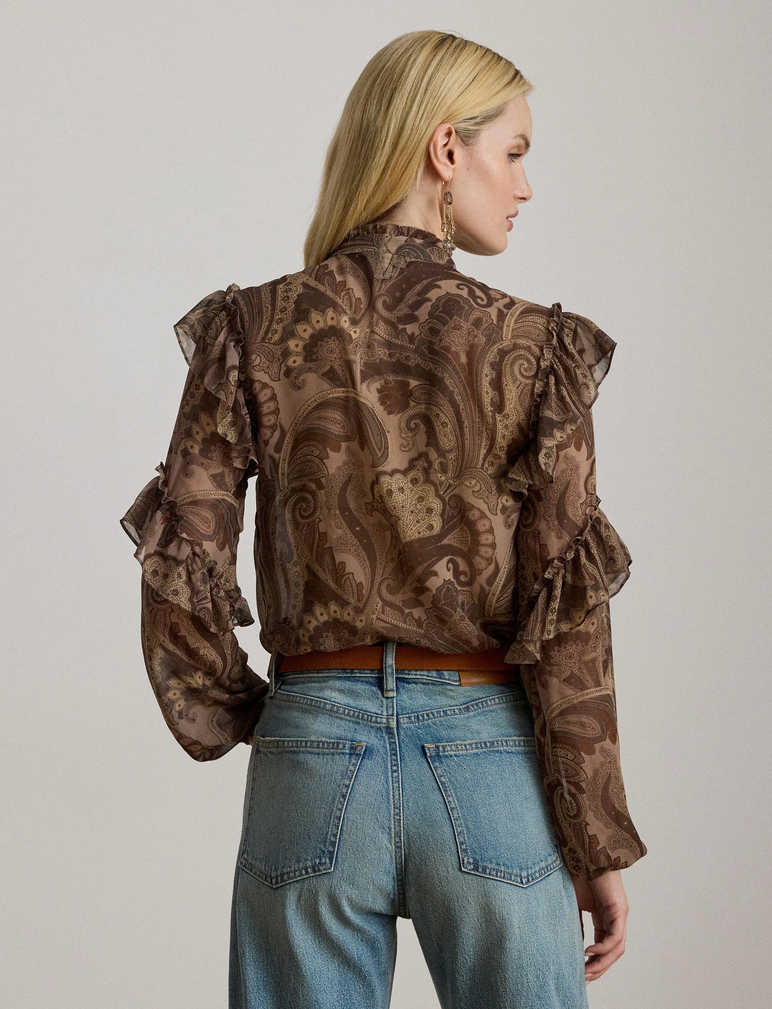 Lauren Ralph Lauren - Paisley Ruffle-Trim Chiffon Blouse - langärmlige blusen - taupe multi - 2