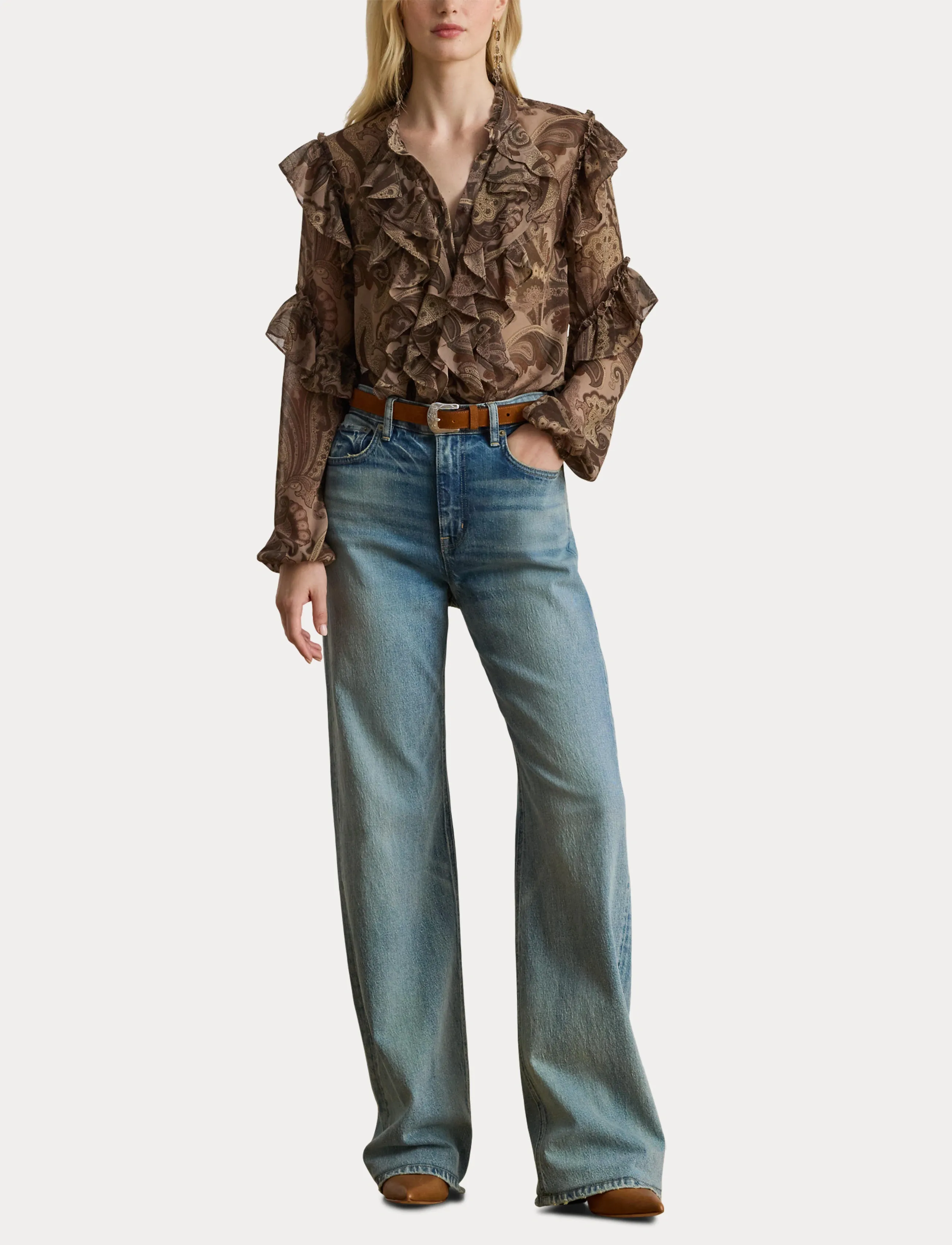 Lauren Ralph Lauren - Paisley Ruffle-Trim Chiffon Blouse - langärmlige blusen - taupe multi - 4