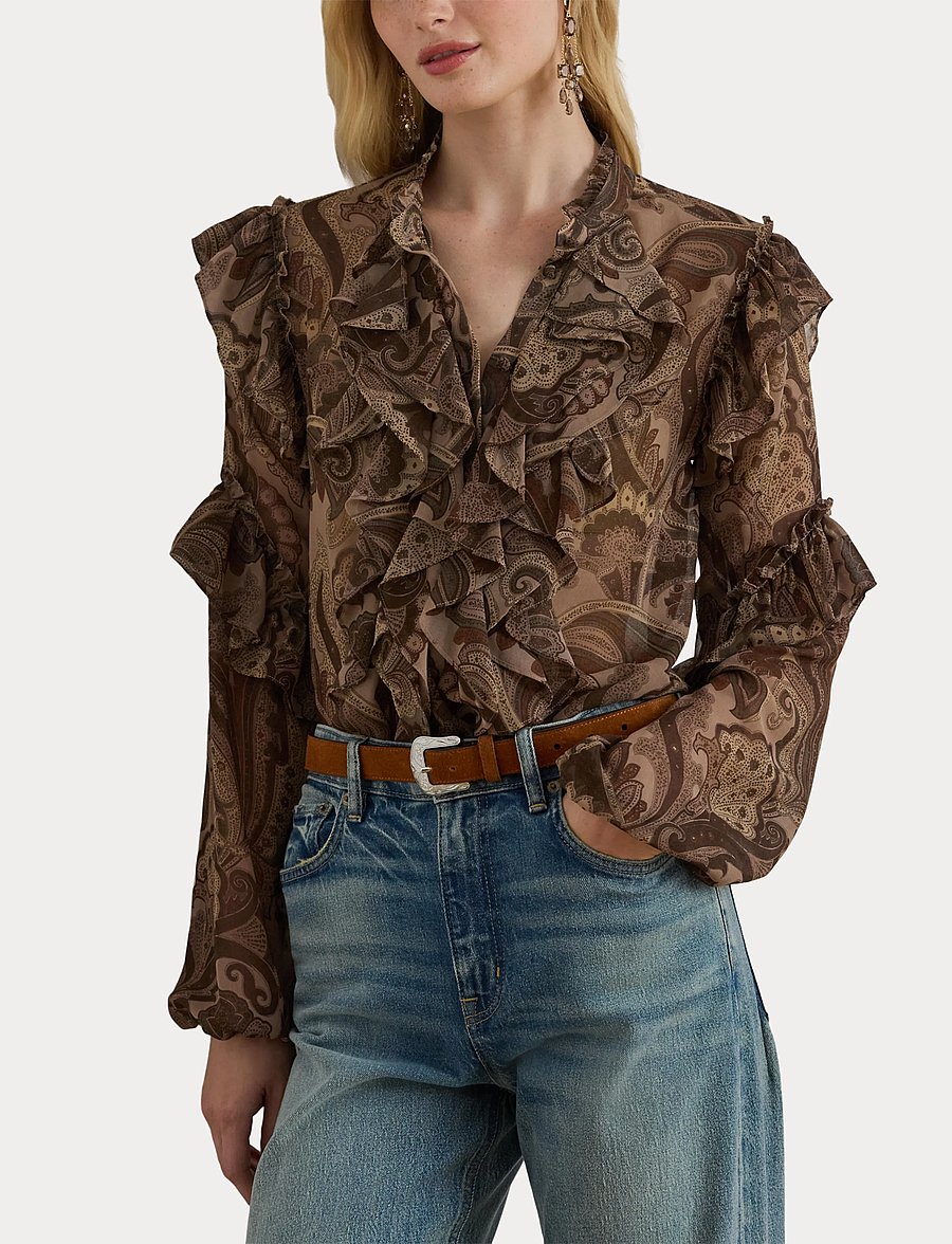 Lauren Ralph Lauren - Paisley Ruffle-Trim Chiffon Blouse - blouses à manches longues - taupe multi - 5