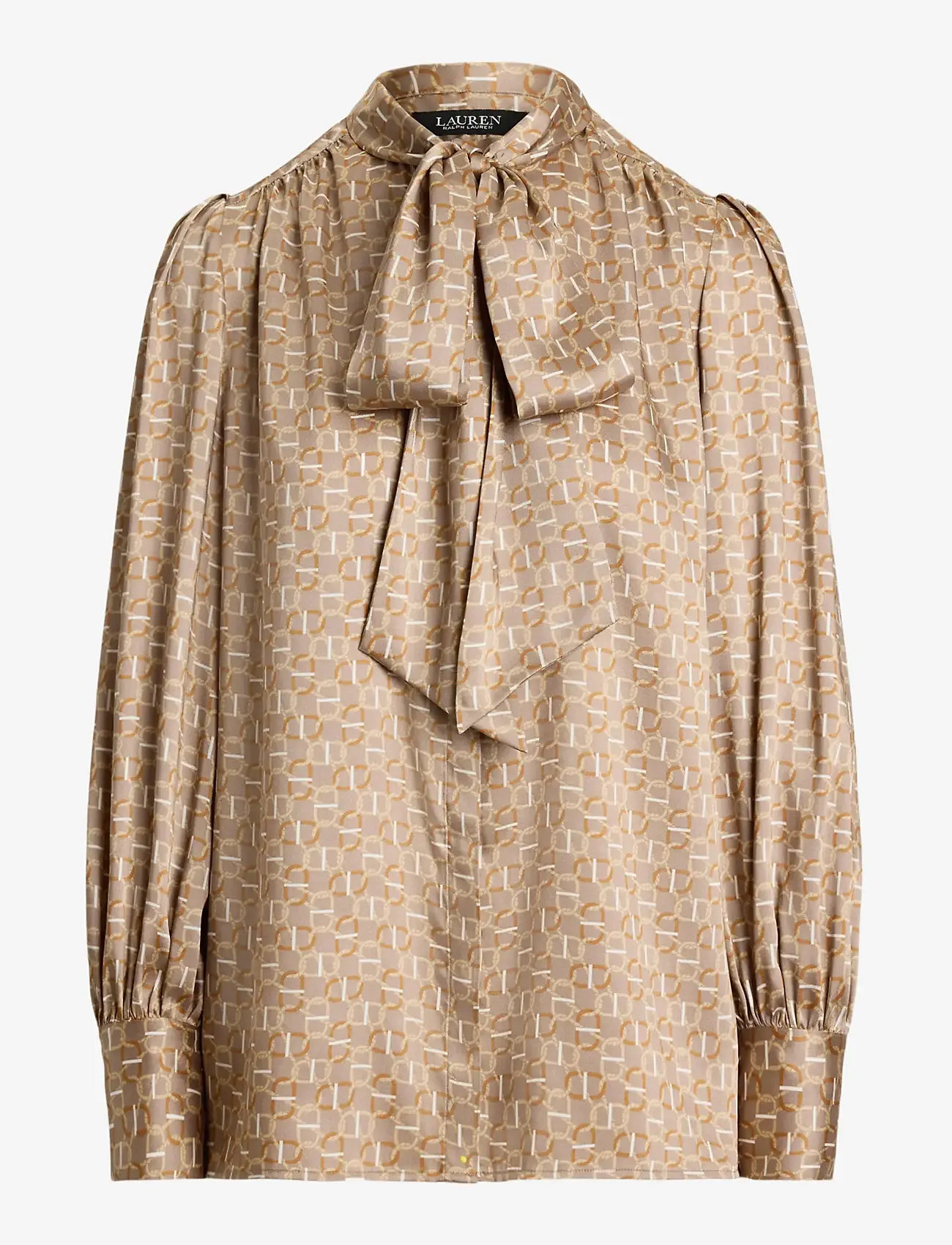 Lauren Ralph Lauren - Geo-Print Twill Tie-Neck Blouse - long sleeved blouses - taupe multi - 1