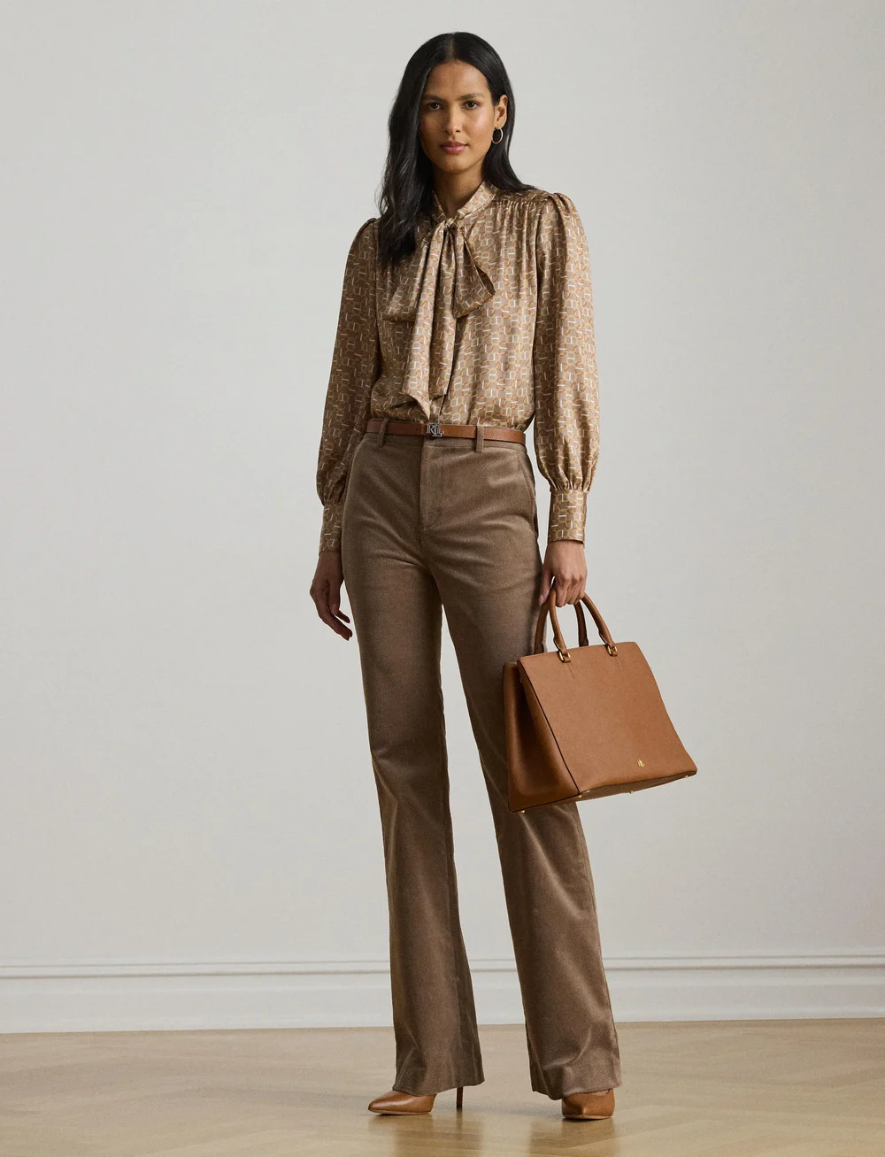 Lauren Ralph Lauren - Geo-Print Twill Tie-Neck Blouse - långärmade blusar - taupe multi - 0