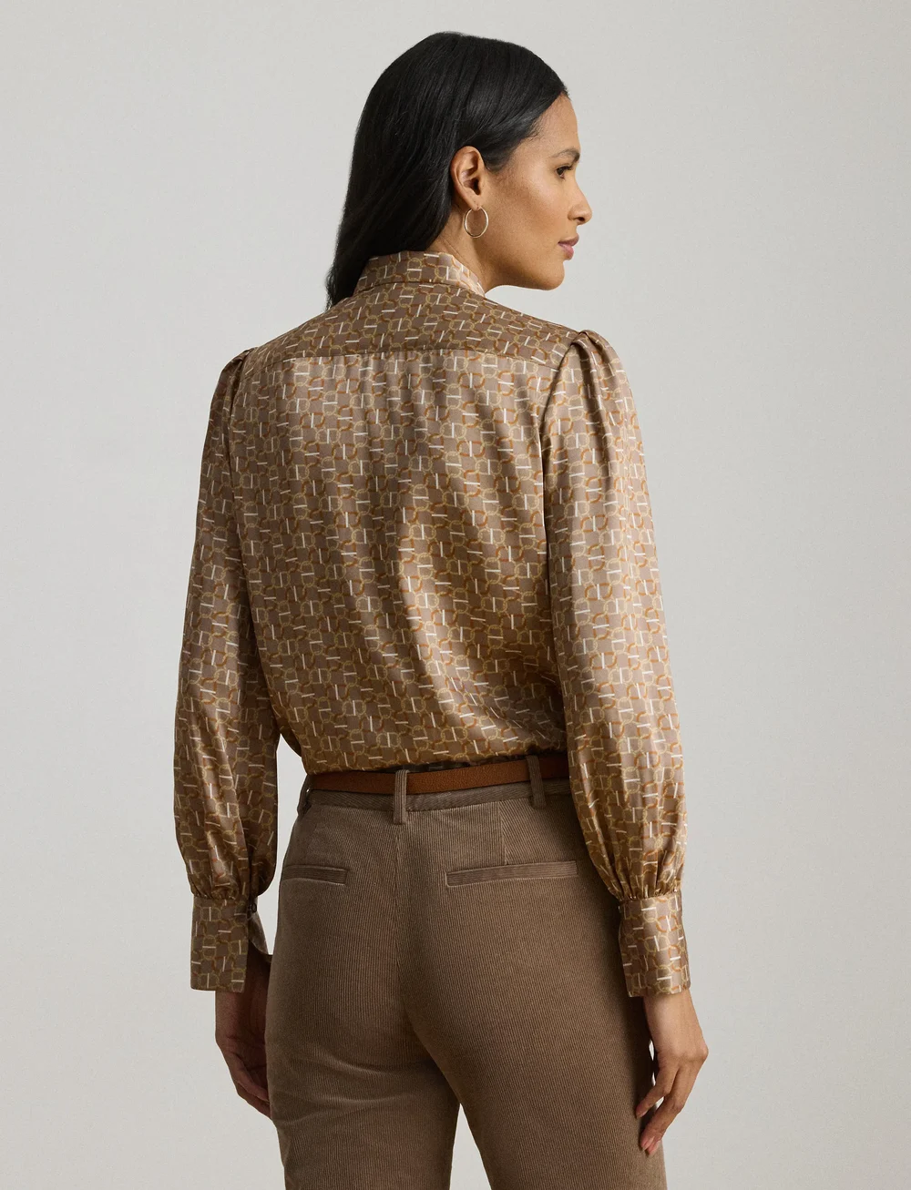Lauren Ralph Lauren - Geo-Print Twill Tie-Neck Blouse - långärmade blusar - taupe multi - 2