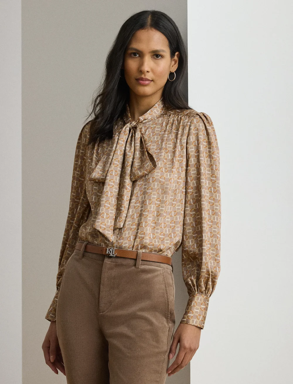 Lauren Ralph Lauren - Geo-Print Twill Tie-Neck Blouse - långärmade blusar - taupe multi - 3