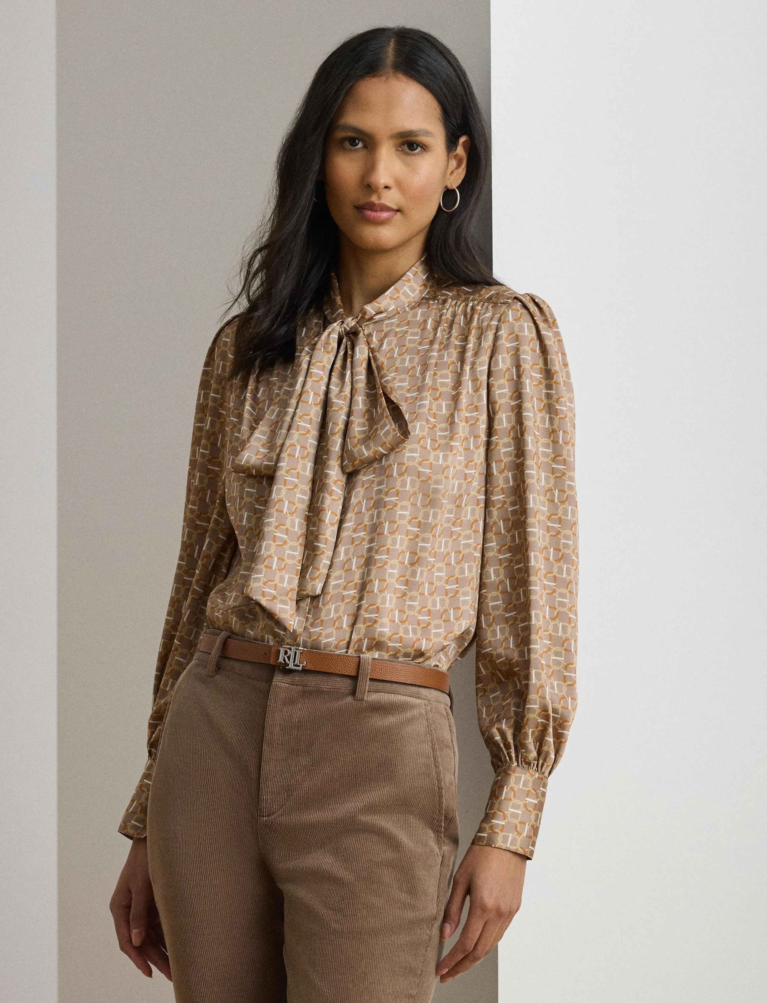 Lauren Ralph Lauren - Geo-Print Twill Tie-Neck Blouse - taupe multi - 3