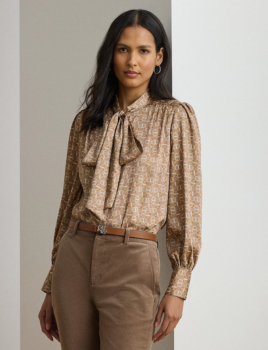 Lauren Ralph Lauren - Geo-Print Twill Tie-Neck Blouse - taupe multi - 3