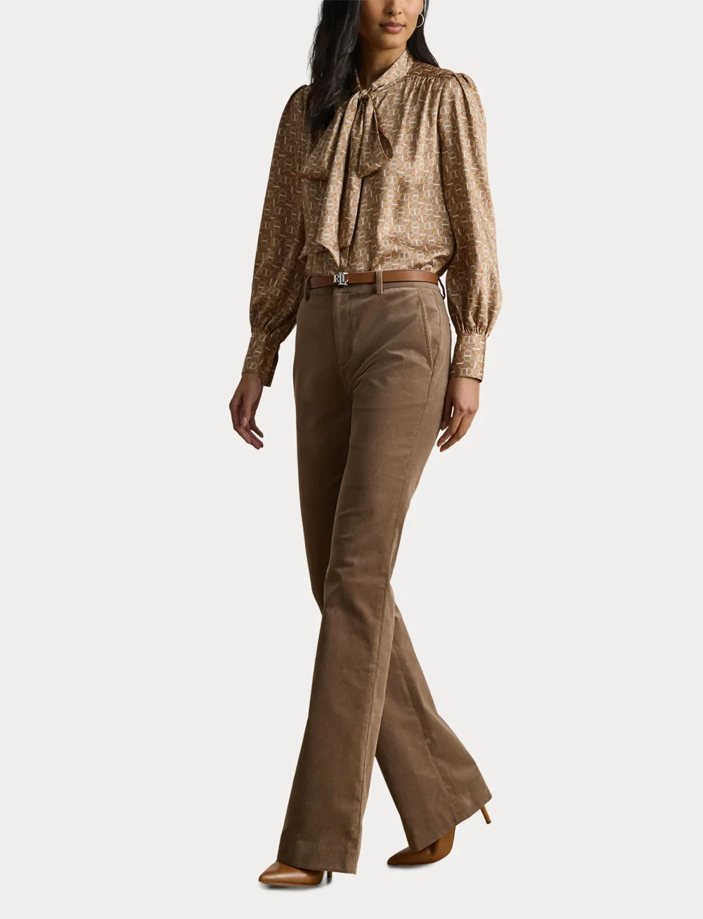 Lauren Ralph Lauren - Geo-Print Twill Tie-Neck Blouse - långärmade blusar - taupe multi - 4