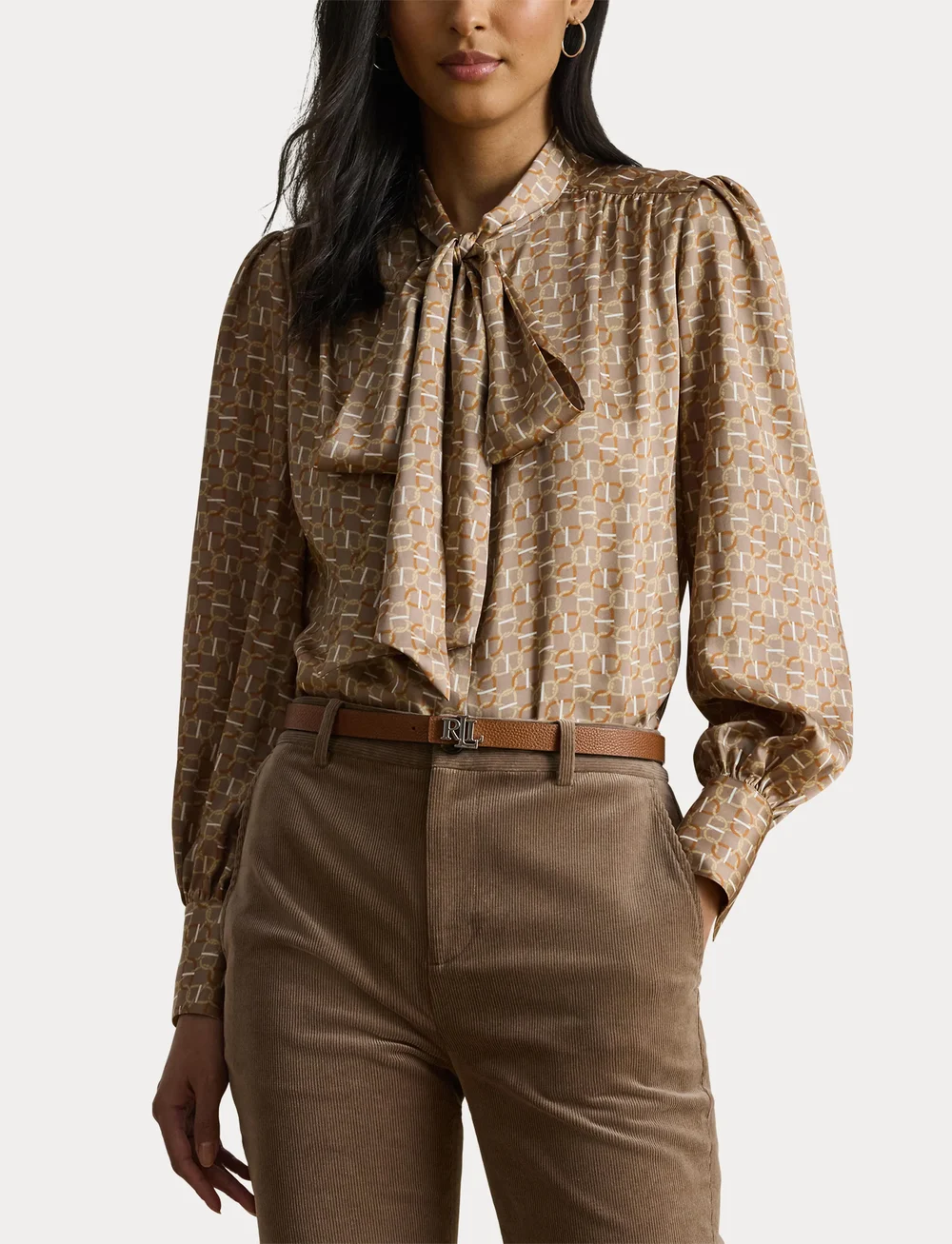 Lauren Ralph Lauren - Geo-Print Twill Tie-Neck Blouse - långärmade blusar - taupe multi - 5