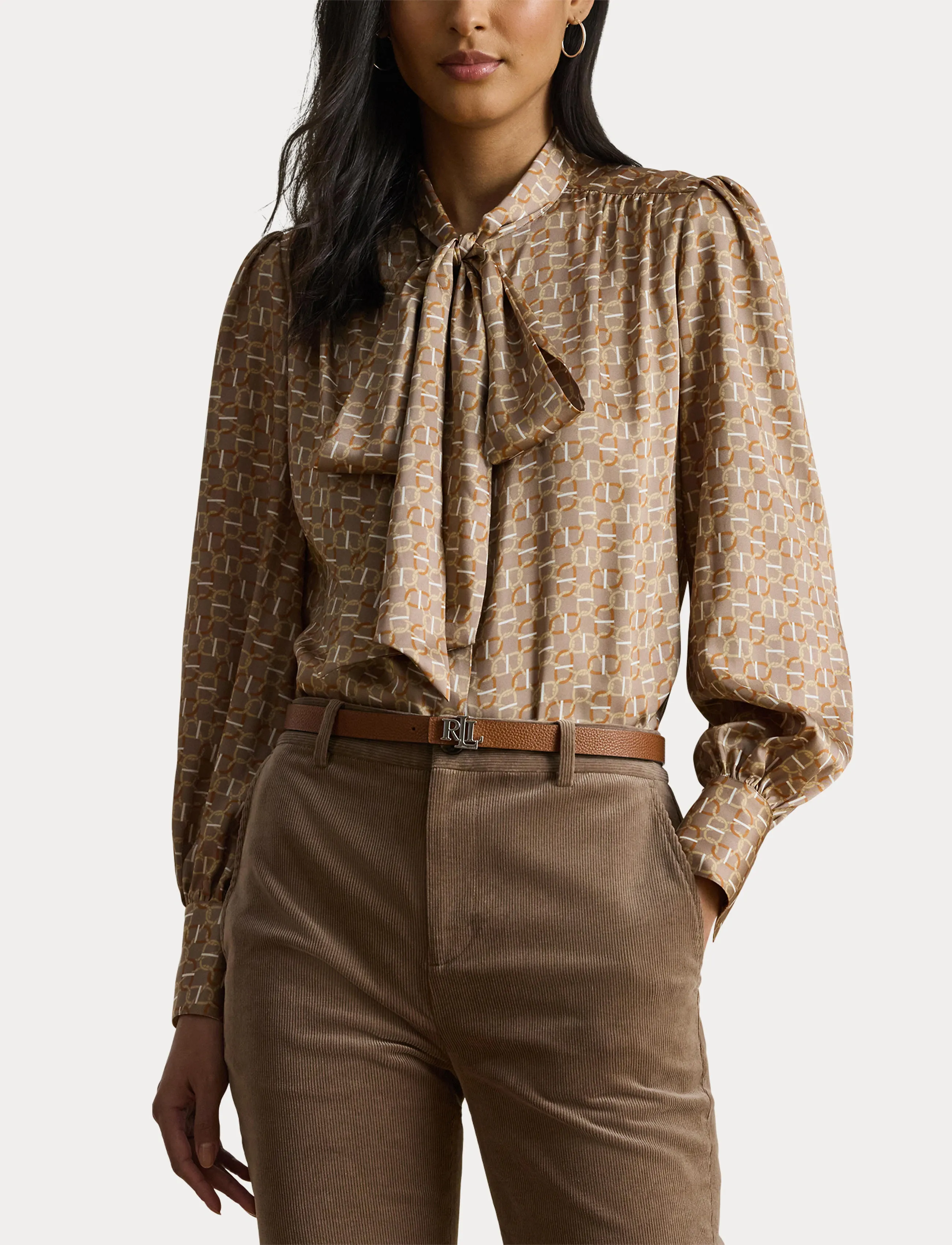 Lauren Ralph Lauren - Geo-Print Twill Tie-Neck Blouse - taupe multi - 5