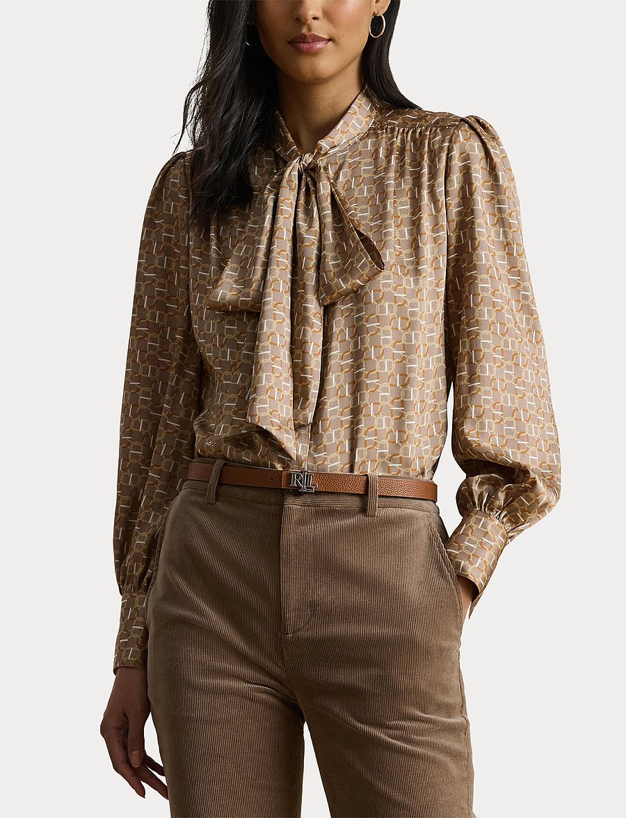 Lauren Ralph Lauren - Geo-Print Twill Tie-Neck Blouse - taupe multi - 5