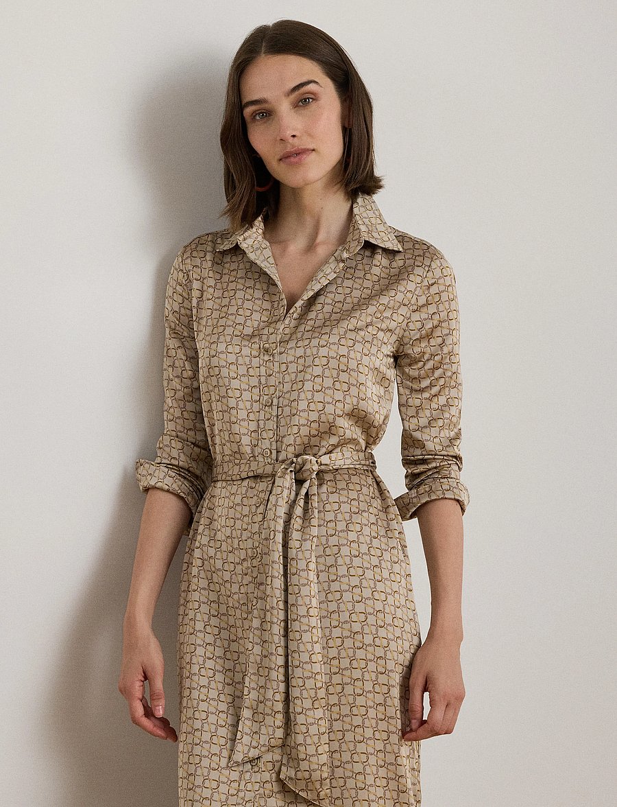 Lauren Ralph Lauren - Geo-Print Satin Charmeuse Shirtdress - beige multi - 0