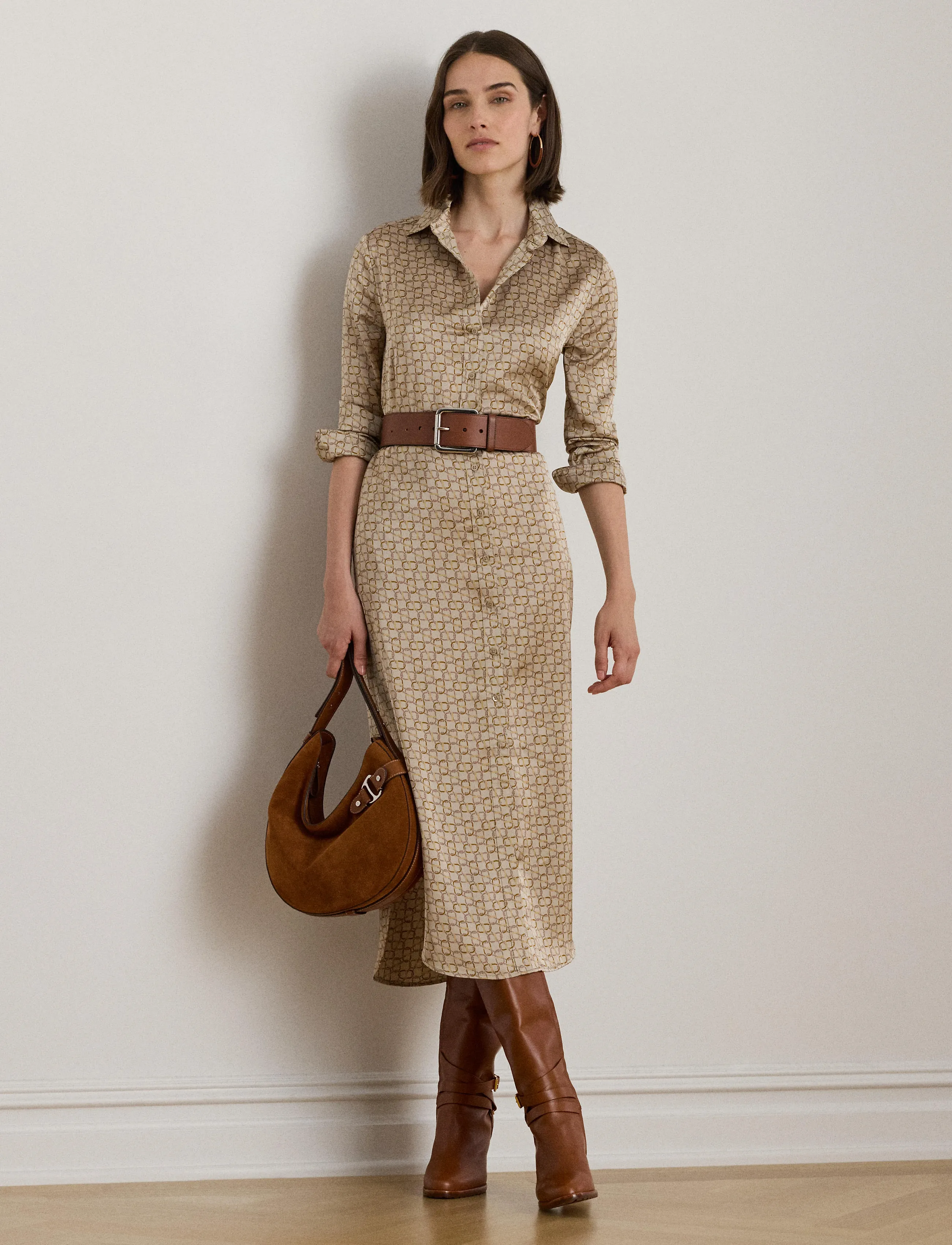 Lauren Ralph Lauren - Geo-Print Satin Charmeuse Shirtdress - beige multi - 3