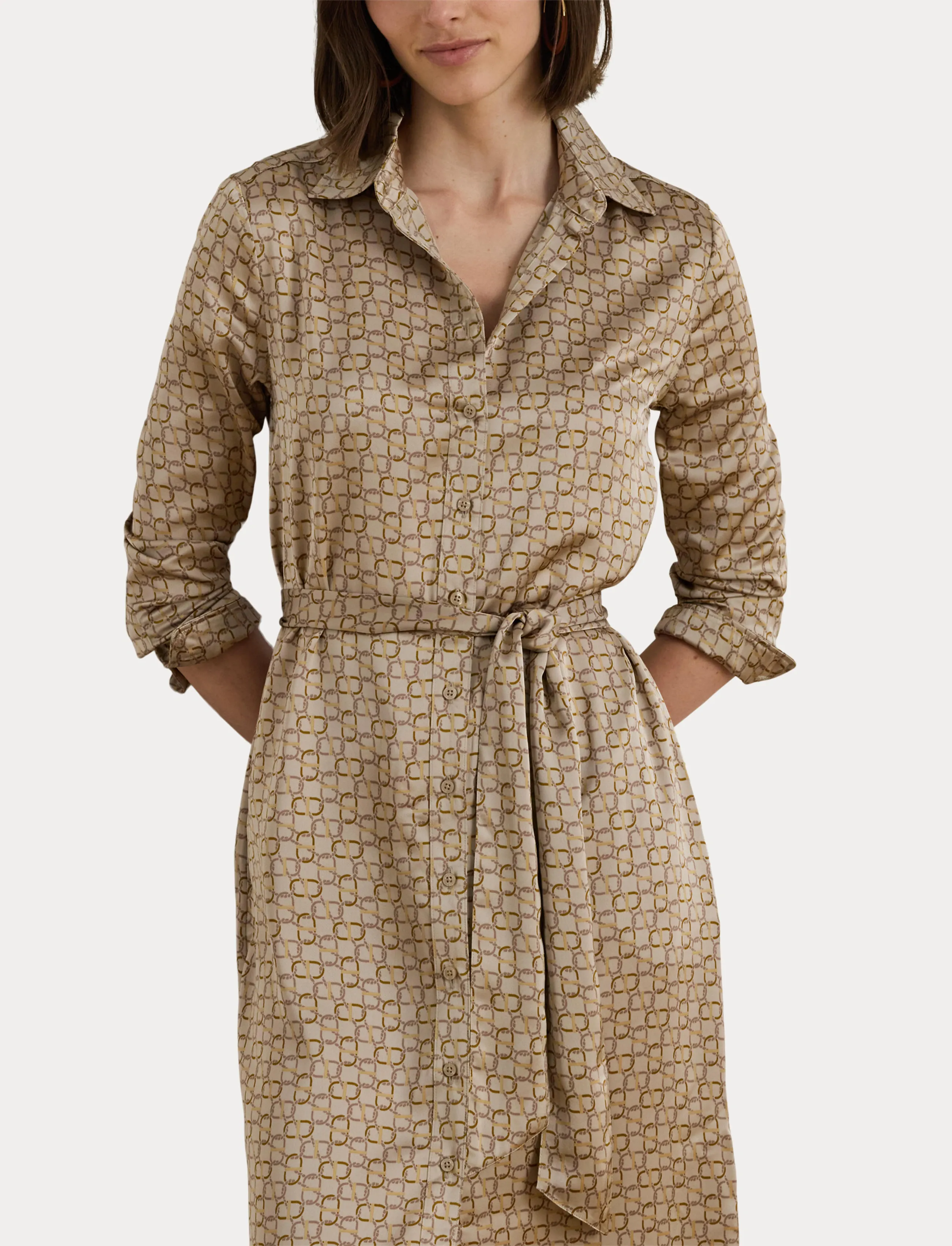 Lauren Ralph Lauren - Geo-Print Satin Charmeuse Shirtdress - beige multi - 5