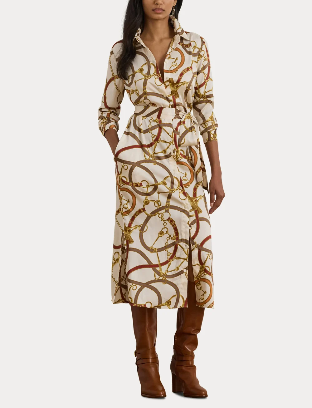Lauren Ralph Lauren - Belting-Print Twill Shirtdress - skjortklänningar - cream multi - 4