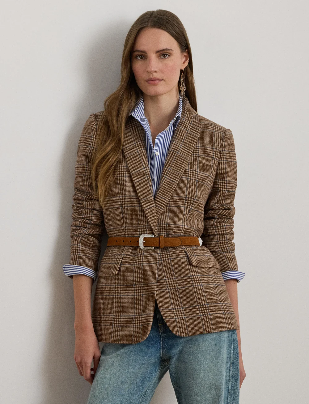 Lauren Ralph Lauren - Glen Plaid Wool-Blend Twill Blazer - enkelknäppta kavajer - taupe multi - 3