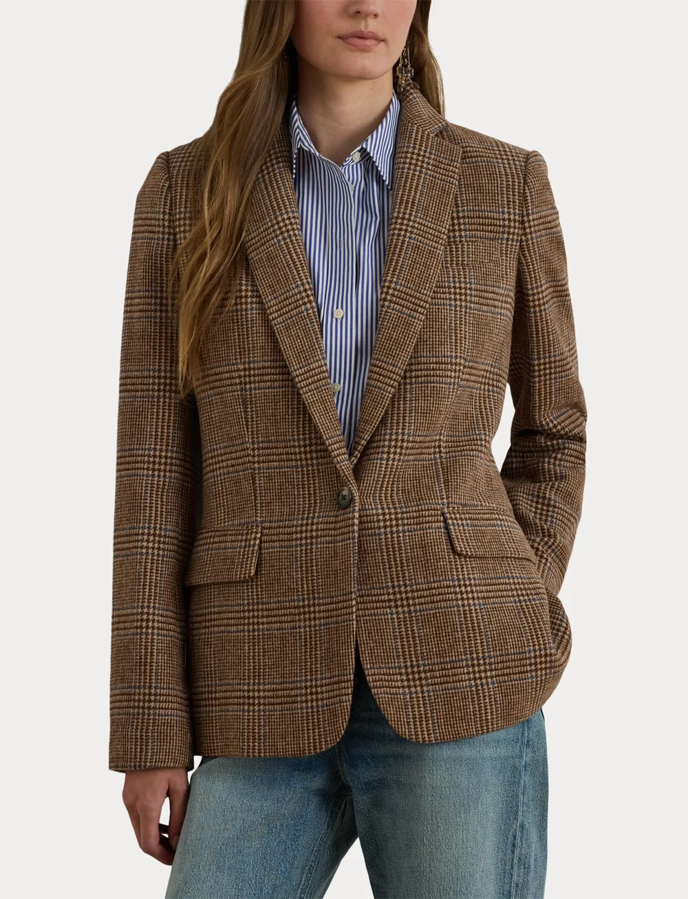 Lauren Ralph Lauren - Glen Plaid Wool-Blend Twill Blazer - enkelknäppta kavajer - taupe multi - 5